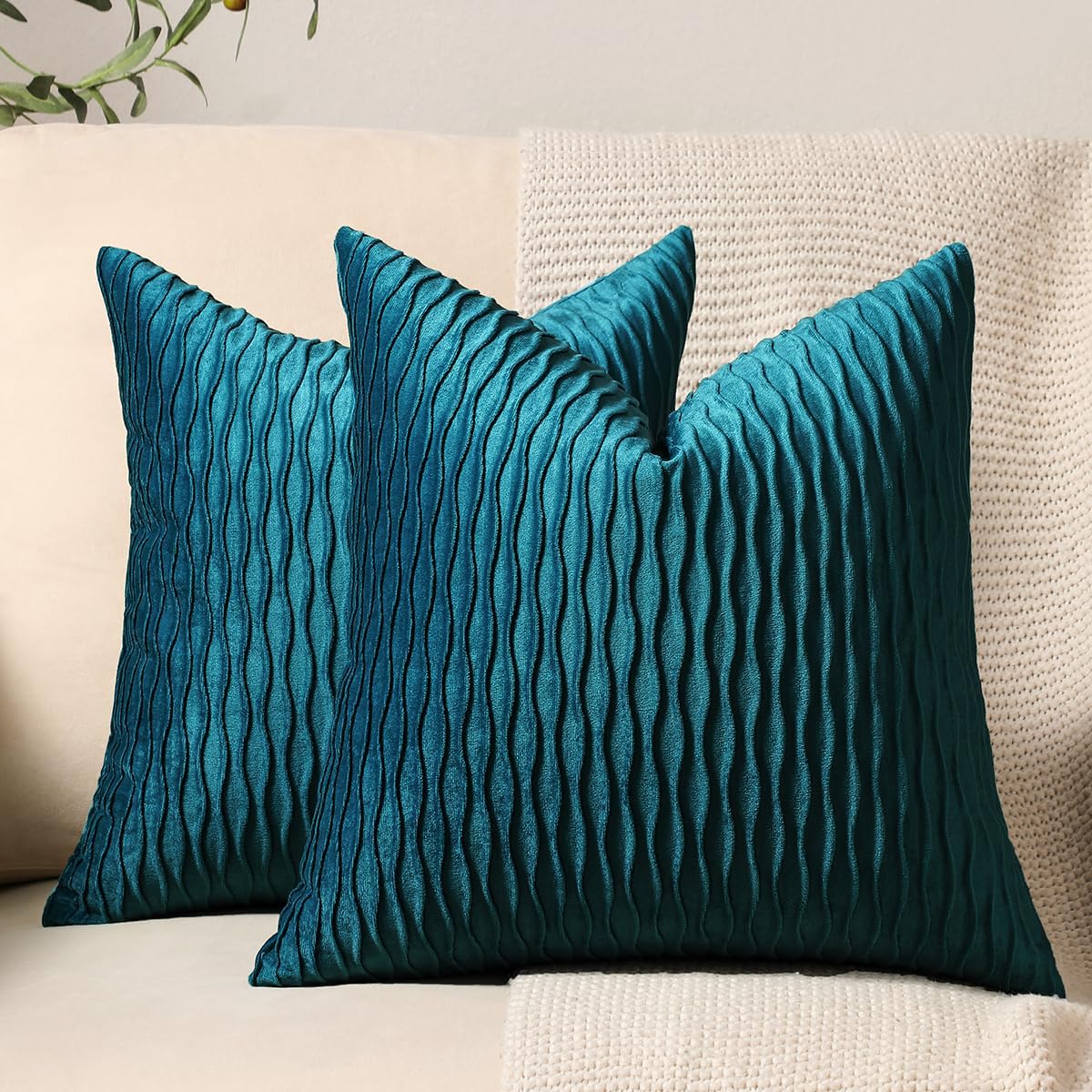 20x20 Teal Throw Pillow Cases: 2 Pack Original Striped Velvet Square Decorative Pillow Covers for Farmhouse Couch Teal 20" x 20" (Pack of 2)