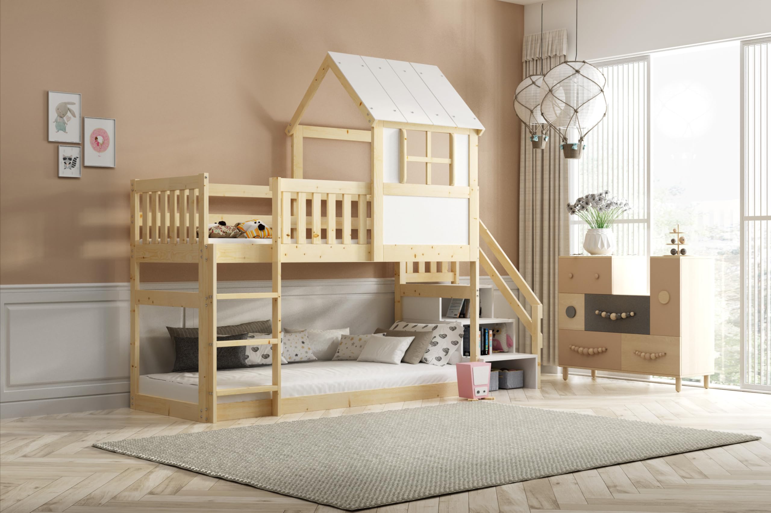 Interbeds Letto a soppalco con scivolo e scaletta, letto a castello, letto in legno, letto per bambini con rete a doghe, letto gioco (con scaletta) (Soppalco con scale)