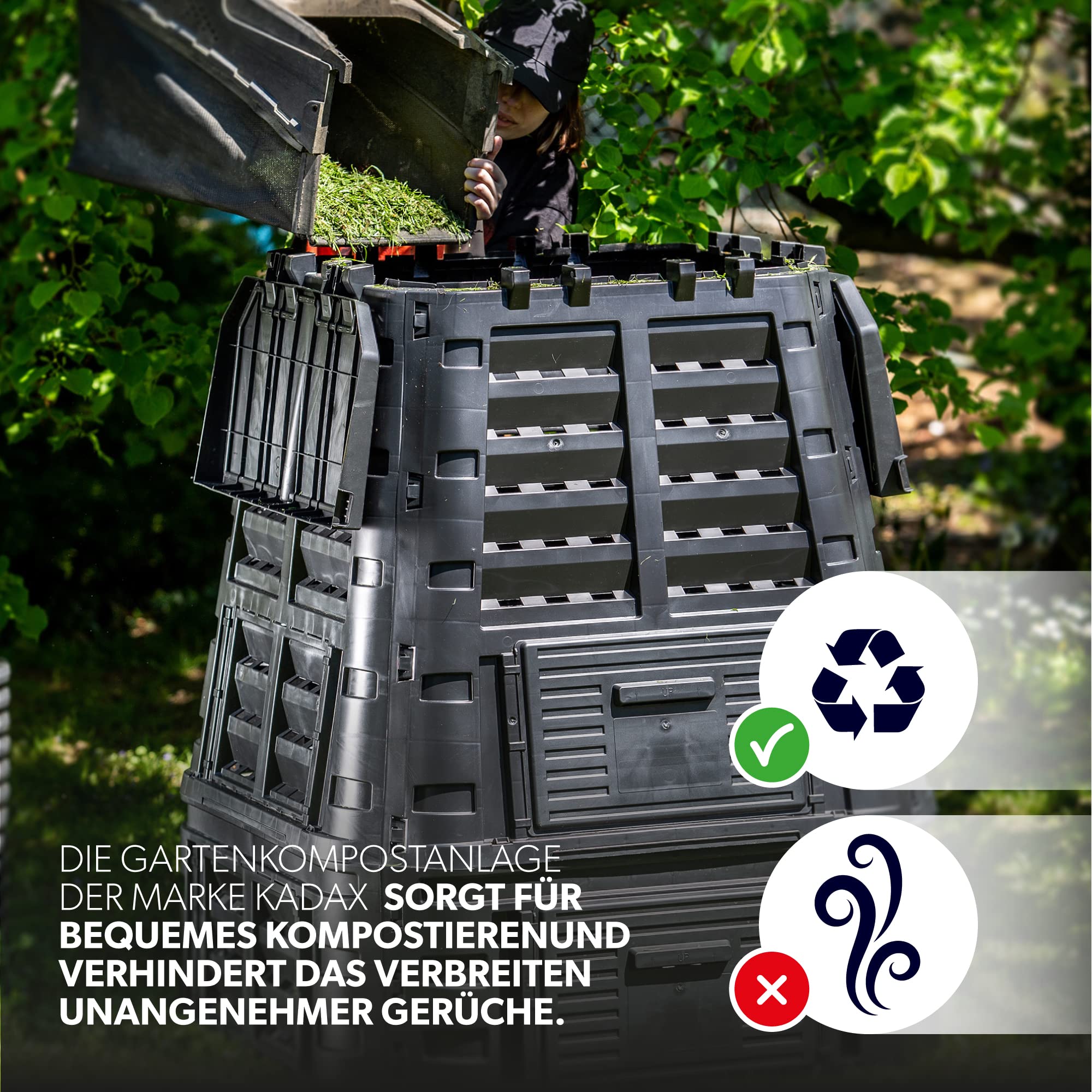 KADAX Komposter, schwarze Kompostanlage, Schnellkomposter aus Kunststoff, witterungsbeständiger Thermokomposter mit klappbarem Deckel (740L)