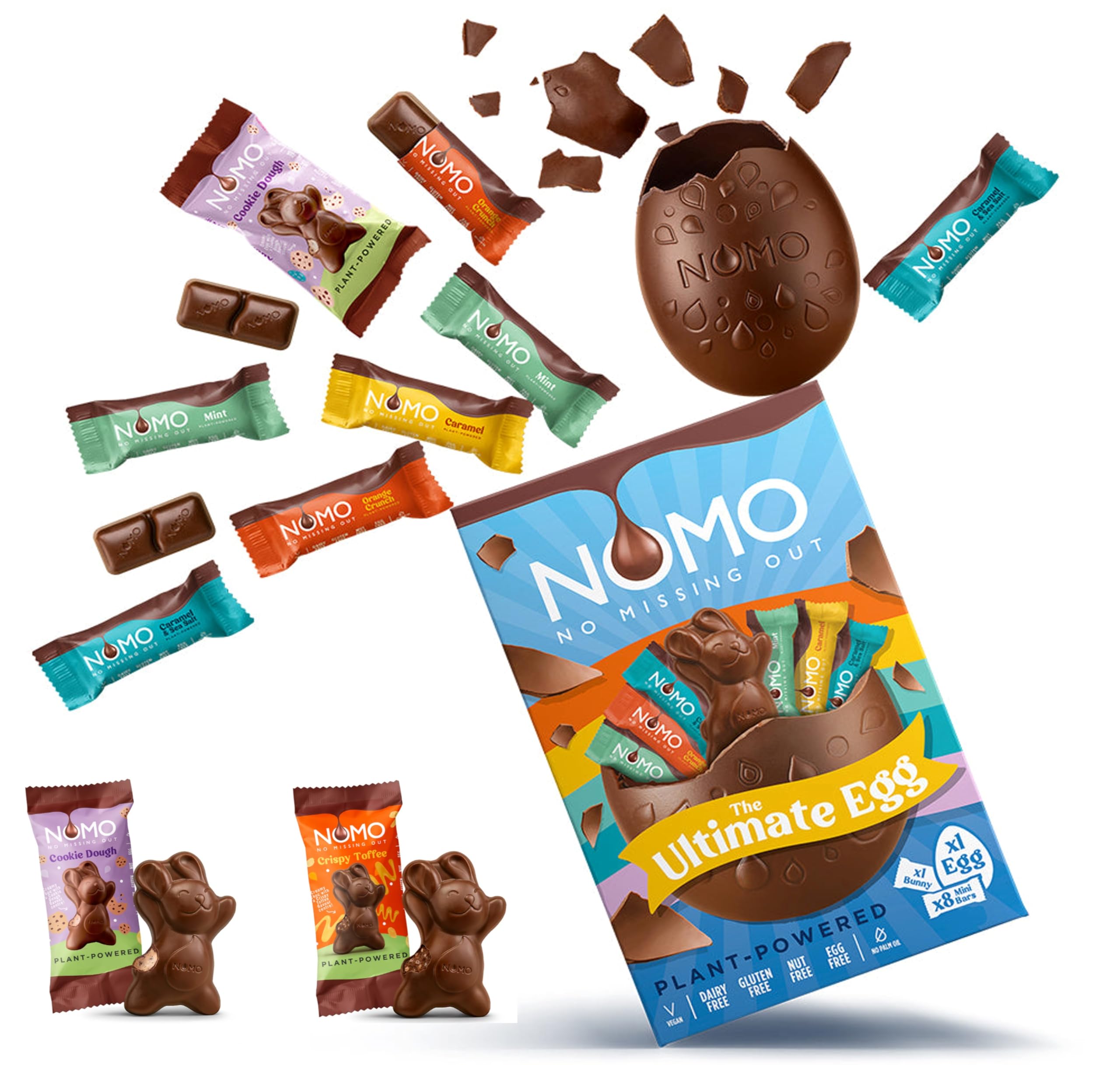 NOMO Vegan Alternative to Milk Chocolate Easter Egg with Bunnies and Mini Bars - Dairy Free - Gluten Free - Egg Free - Nuts Free - Plant-Powered