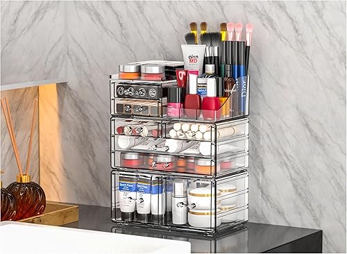 Miniatura 8 de Cq acrylic Paquete de 3 organizadores de maquillaje transparentes para encimera, organizador apilable de 8 cajones para el cuidado de la piel,