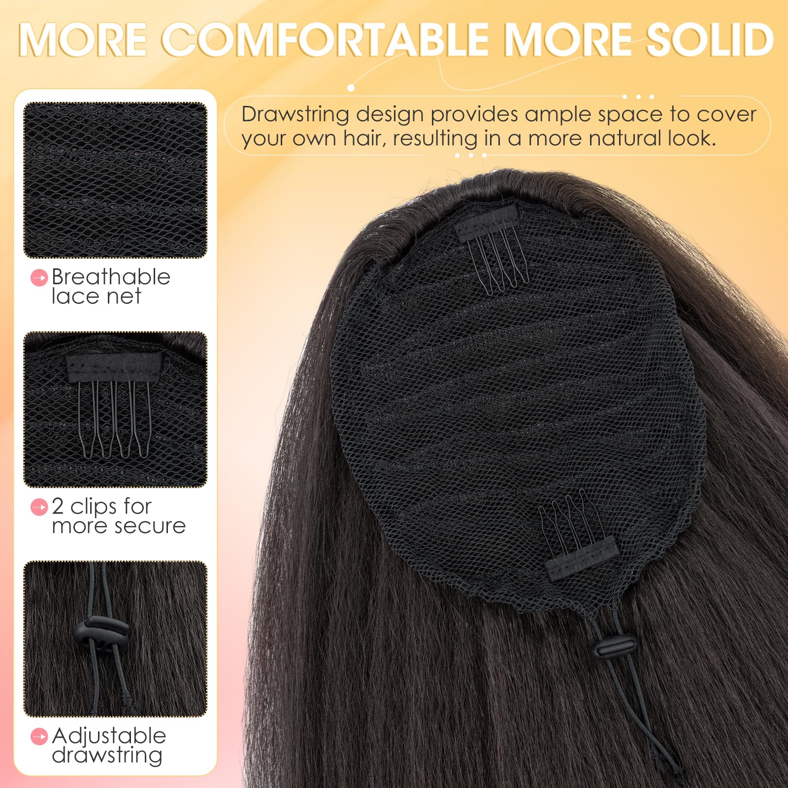Silk-co Yaki Hair Ponytail Drawstring Ponytail for Black Women Yaki Straight Ponytail Hair Extension Long Thick Pony Tail Clip in Synthetic Hairpiece 24 Inch(60 cm-150g) Dark Brown - Image 4