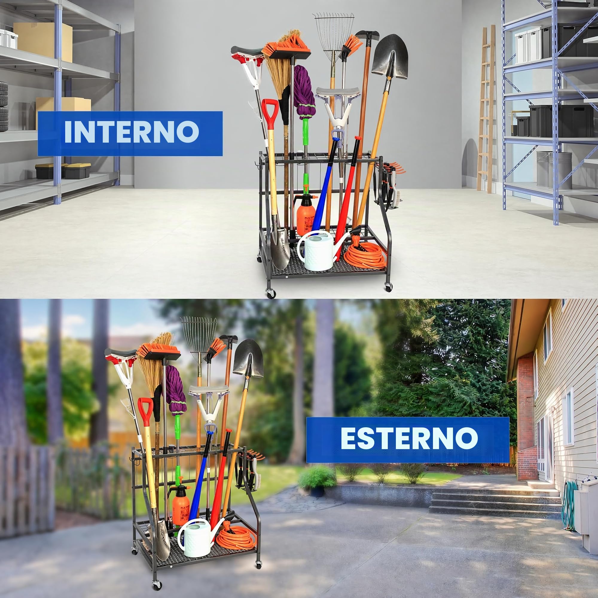 Sinoer Scaffale per attrezzi da giardino con ganci e ruote, organizer per garage, ripiani in metallo a 3 livelli, supporto per prato, capannone e cortile