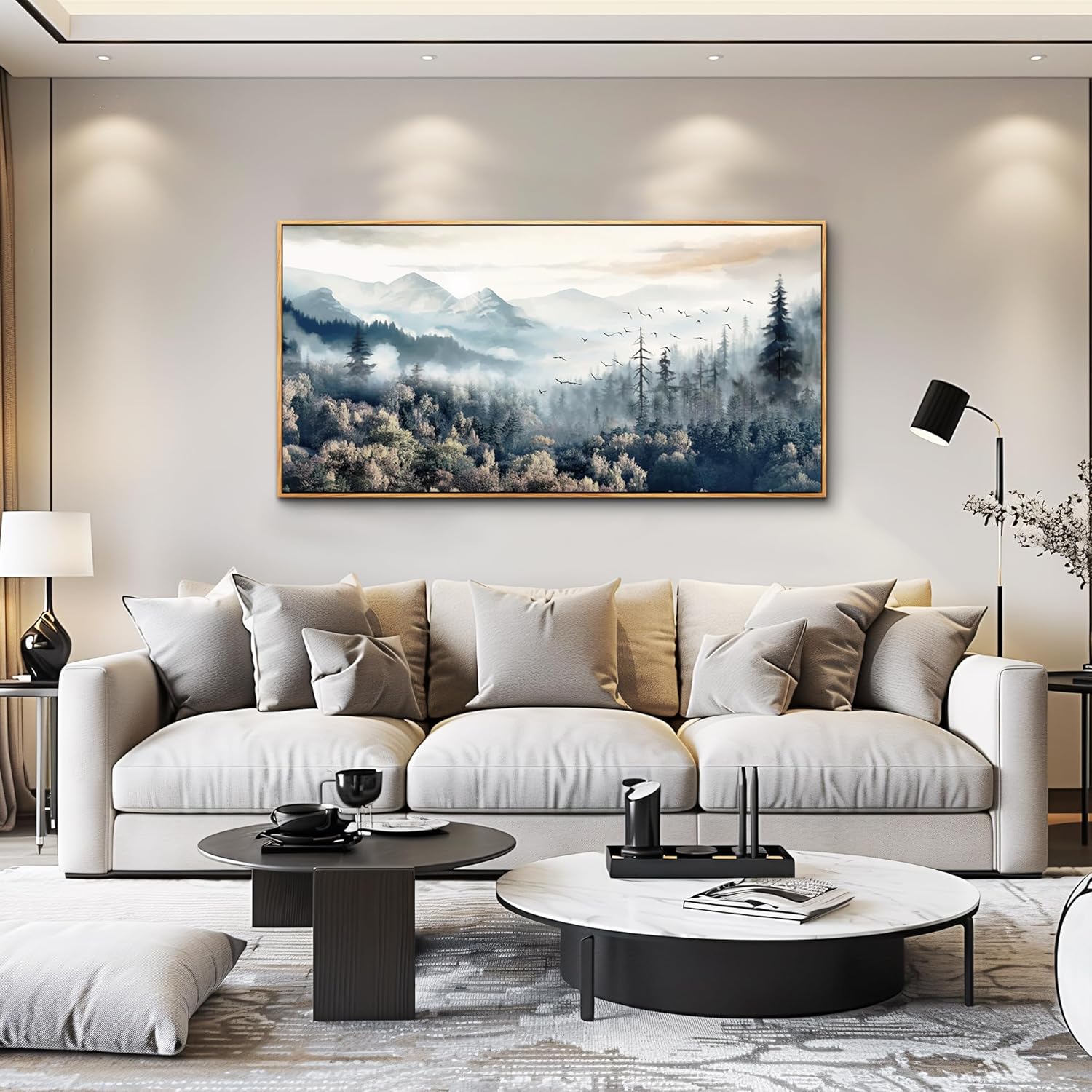 hyidecorart Fog Forest Landscape Wall Paintings Wood Framed Wall Art For Living Room Large Abstract Canvas Wall Decor For Office Modern Bedroom Home Decoration Stretched and Framed Pictures Artwork