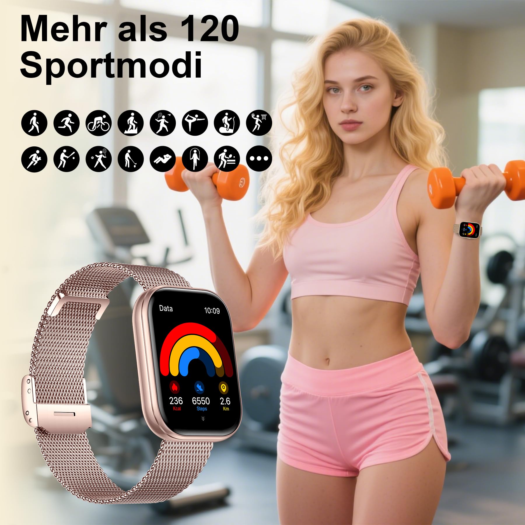 Smartwatch für Damen Herren mit Telefonfunktion,1.75" Fitnessuhr mit Pulsmesser SpO2 Schlafmonitor Schrittzähler IP68 Wasserdicht,120+ Sportmodi Smart Watch Fitness Tracker (Gold)