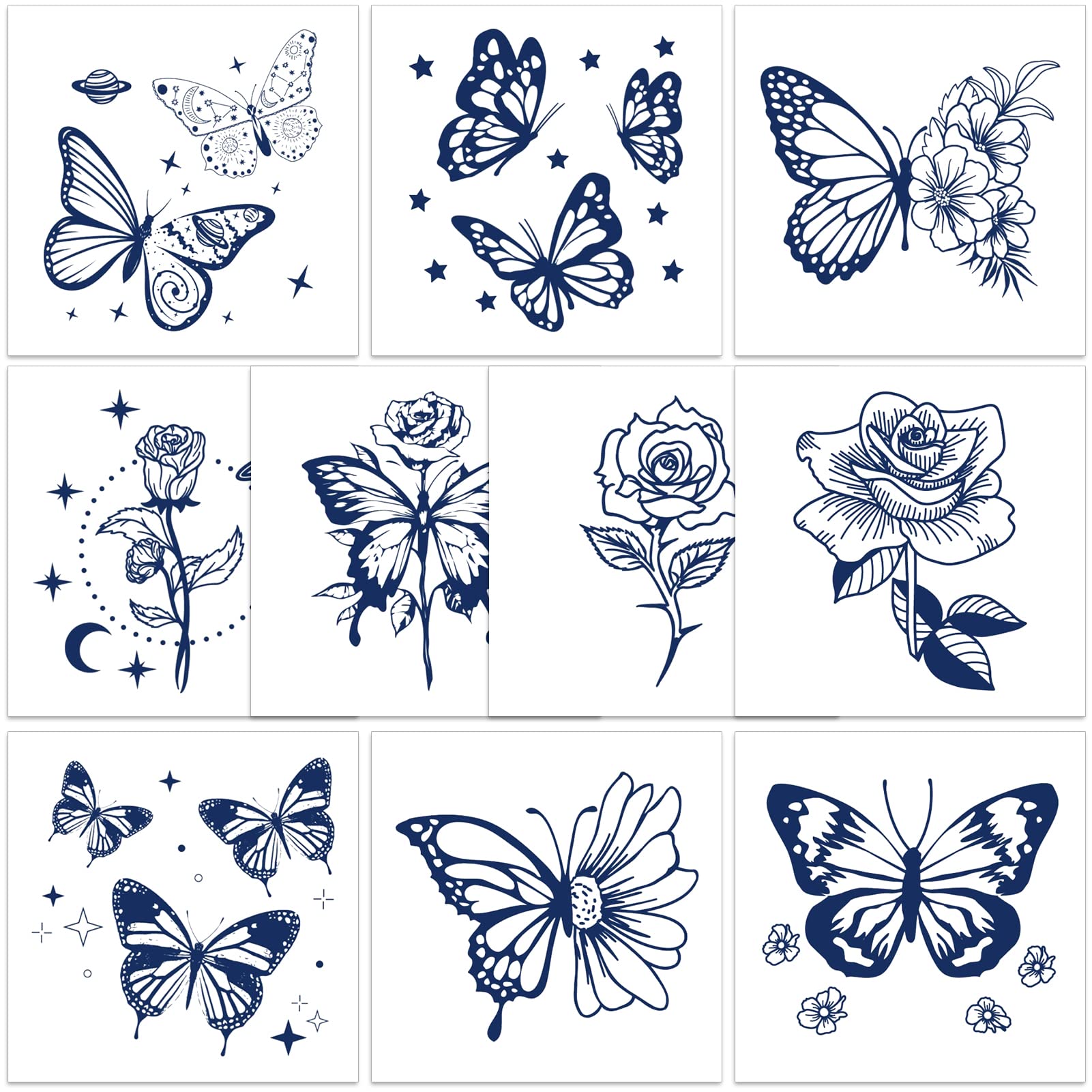 Qpout 10 Hojas Tatuajes Temporales Semipermanentes para mujeres y niñas, 1-2 semanas de larga duración, tatuajes semipermanentes de flores de rosas y mariposas, tatuajes falsos para adultos y niños