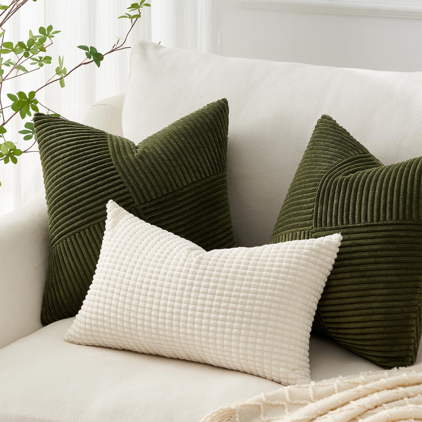 Topfinel Olive Green Cushion Covers 45x45 cm 18x18 Inch Set of 2 Corduroy Patchwork Pinwheel Throw Pillow Cases with Invisible Zipper Decorative Sofa Cushion Covers for Living Room Bedroom Sofa Bed - Image 3