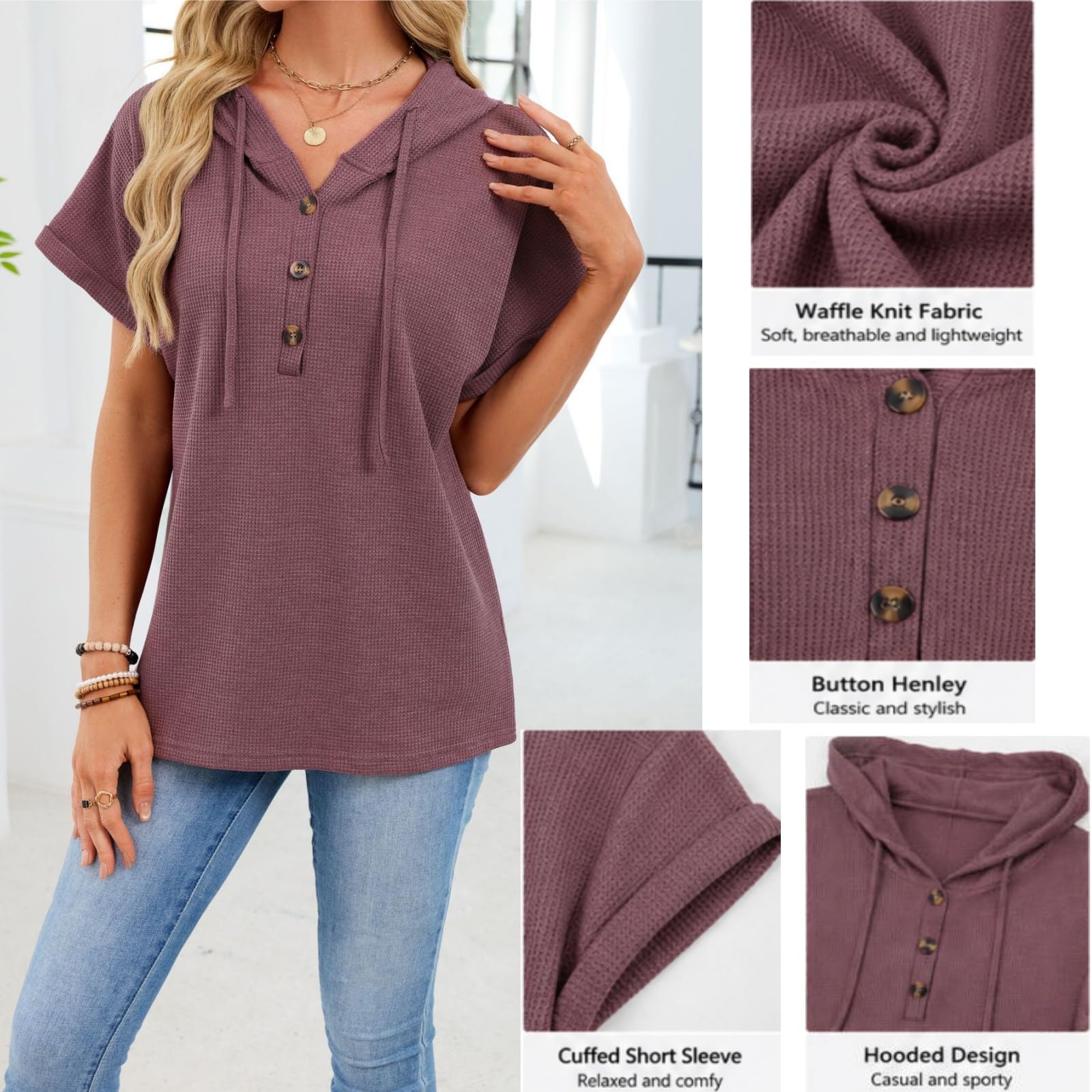 Bluzy z kapturem dla kobiet, oversize, dzianinowa bluza z dekoltem w serek, krótki rękaw, sznurek, guziki, pulower, topy do codziennego noszenia
