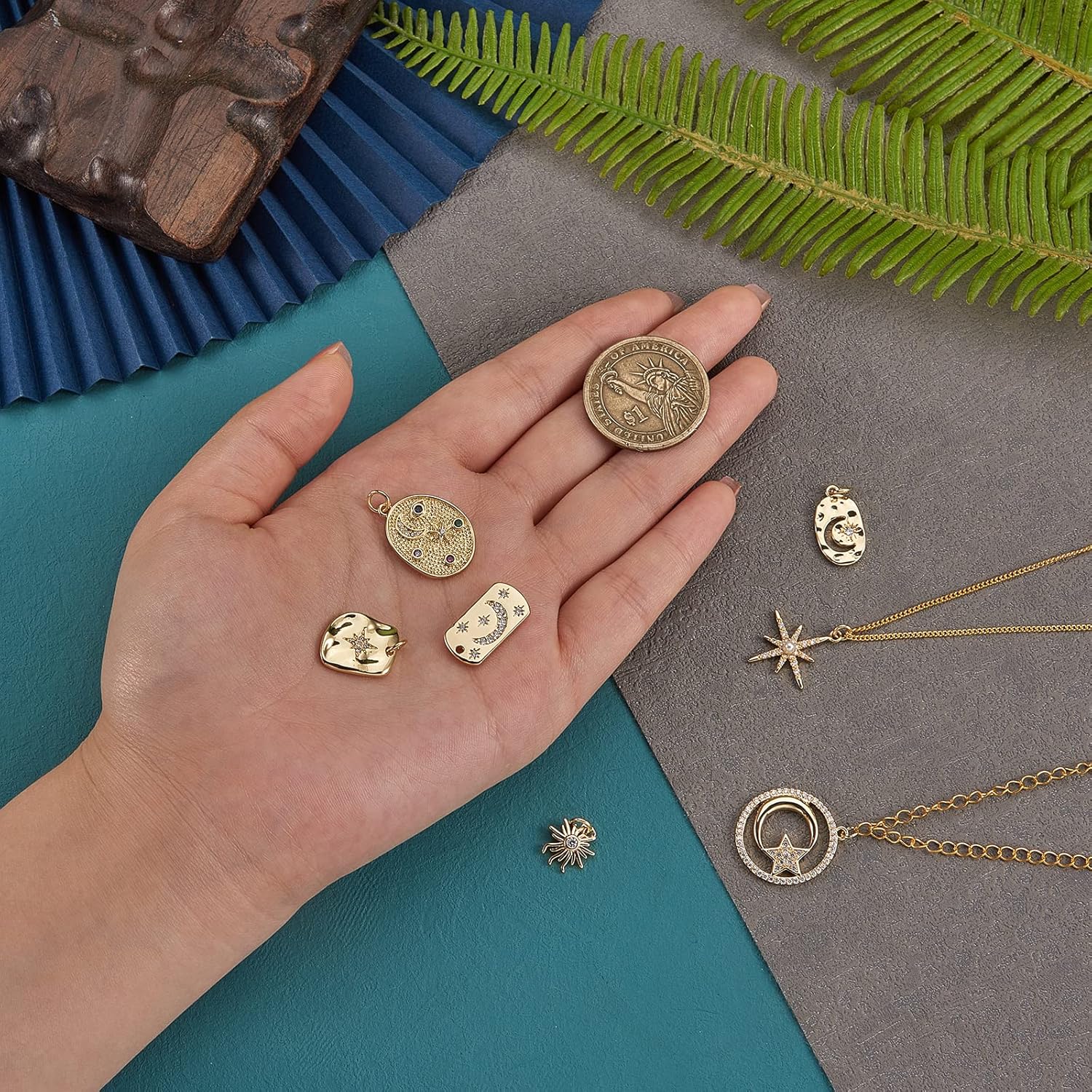 7 Pieces Brass Cubic Zirconia Charm Pendants Moon Star Rectangle Brass Charm Golden for Jewelry Necklace Bracelet Earring Making Crafts - Image 3