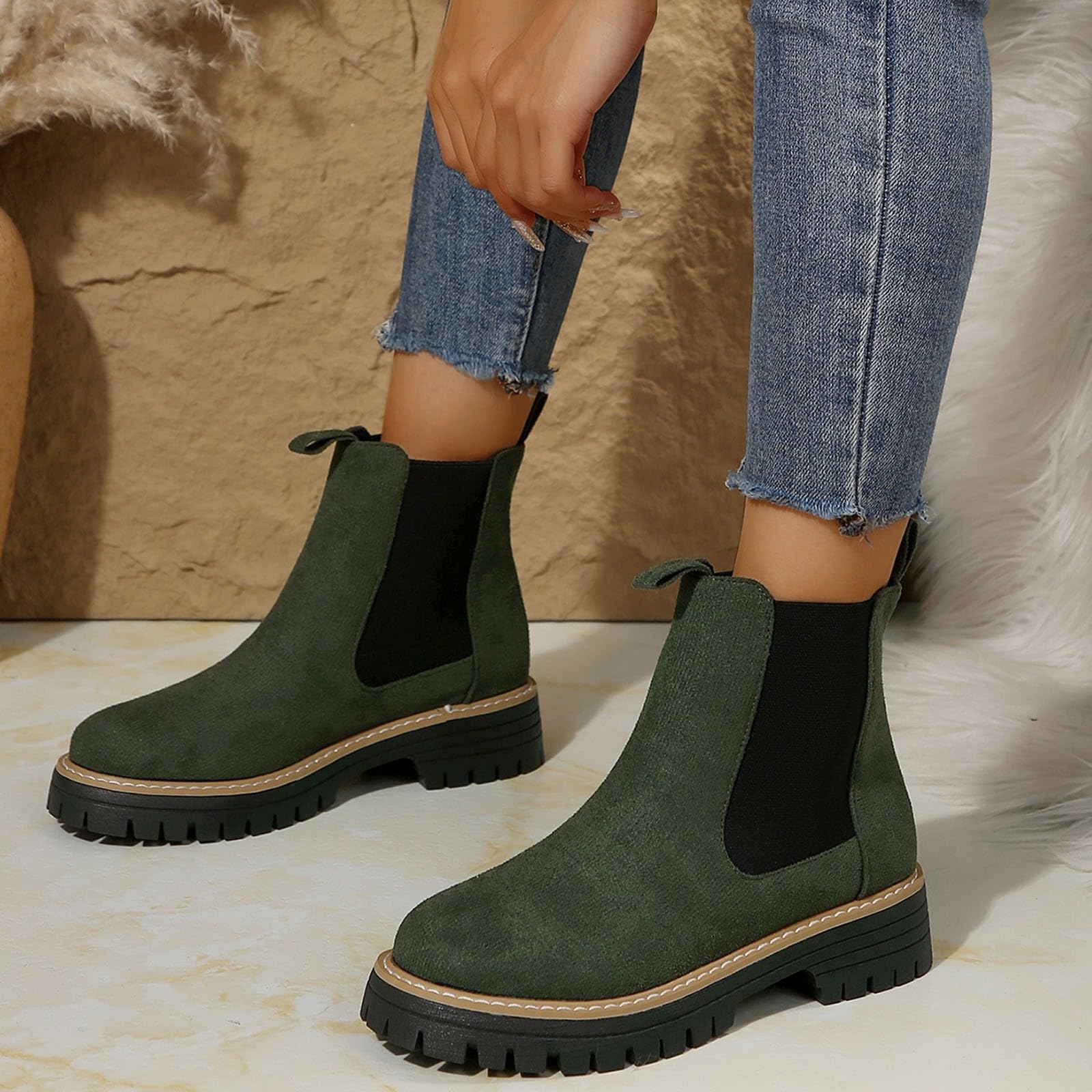 Petite - Botines de gamuza para mujer, de moda, estilo Chelsea, para invierno, hasta la rodilla, tacón de bloque, para días lluviosos, viajes, oficina, por encima de la rodilla, verde oscuro, 39.5 EU
