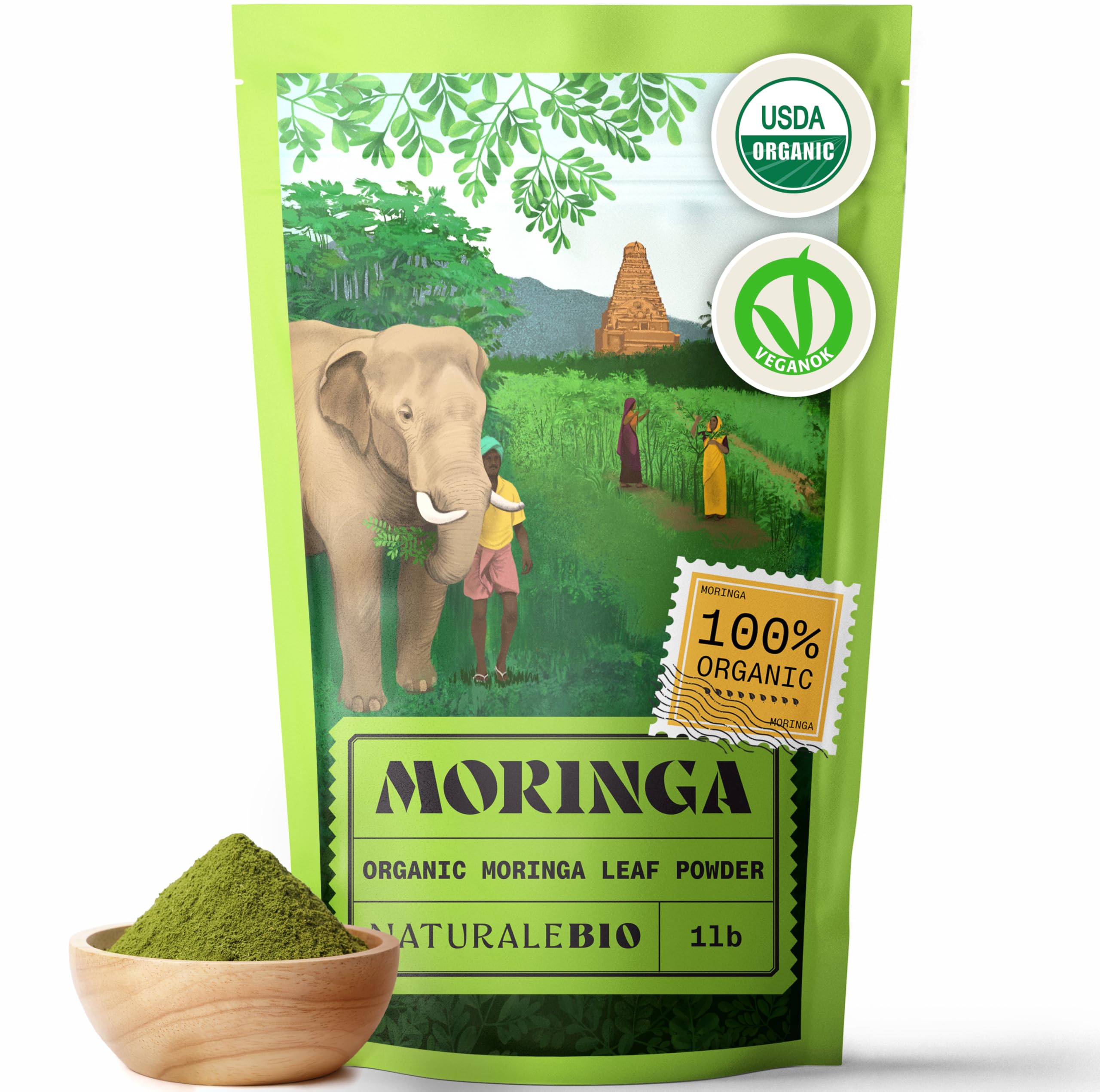 NaturaleBioMoringa Organic Powder – Premium Quality – 1lb. Bio, Natural, and Pure. Moringa Powder Organic from Oleifera Plant for Tiredness, Immune System, Muscle Function, FatigueUSDA Organic