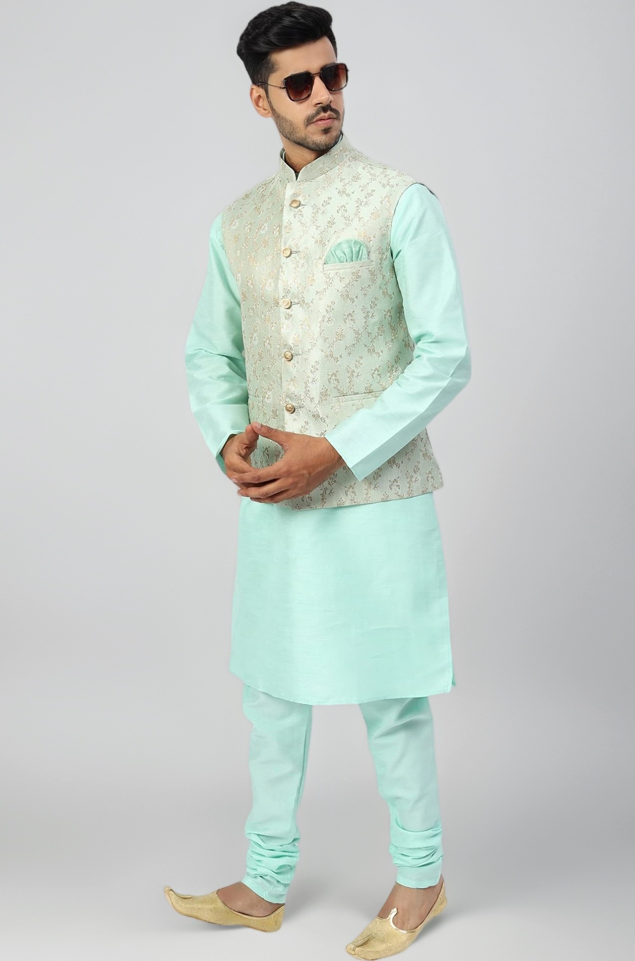 Uri and MacKenzie Men's Silk Blend Regular Kurta Churidar Pyjama with Bundi Nehru Jacket/Waistcoat