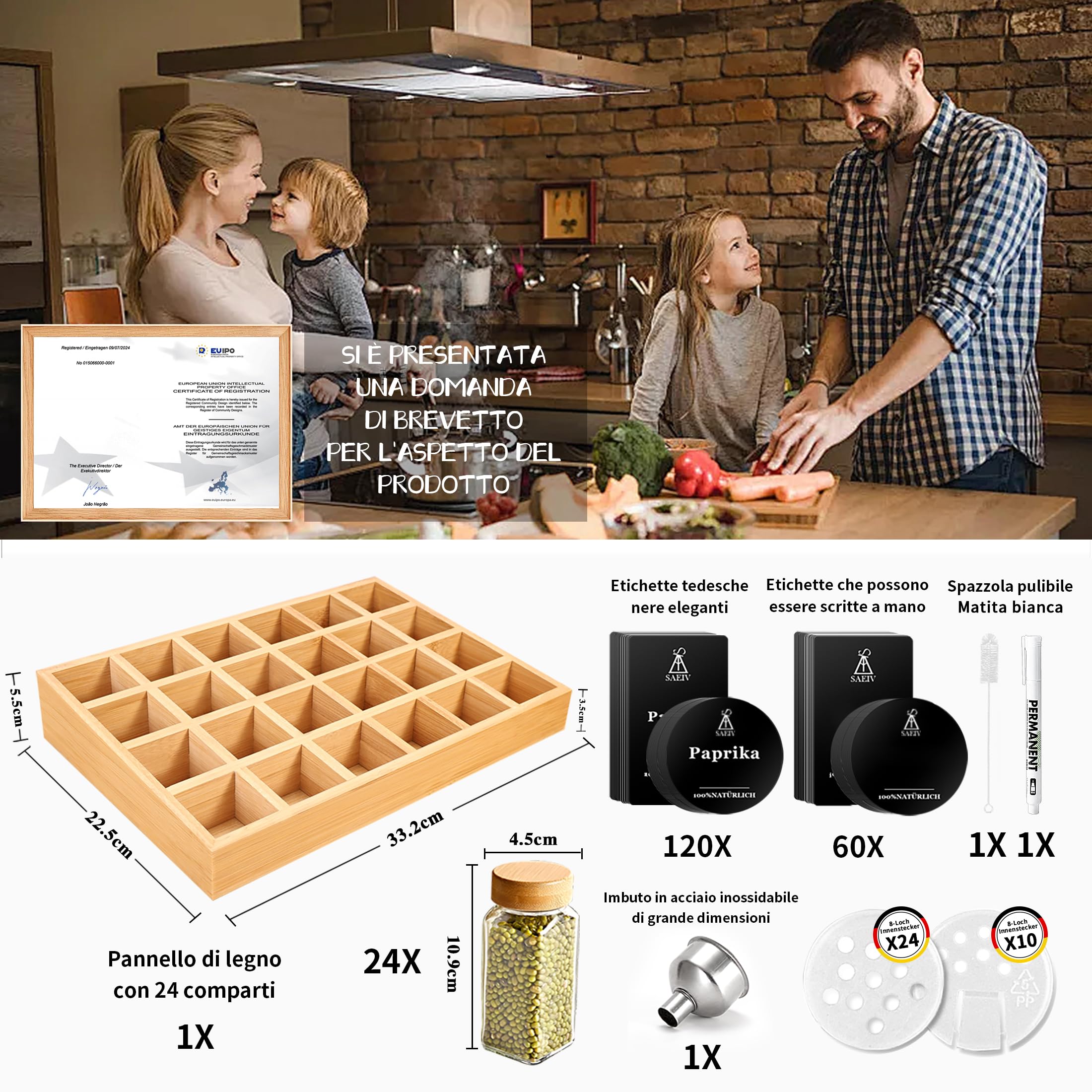 SAEIV Porta Spezie In Legno Con 24 Barattoli Vetro - Organizer Per Cassetto Cucina, Coperchi In Acacia - Foto 4