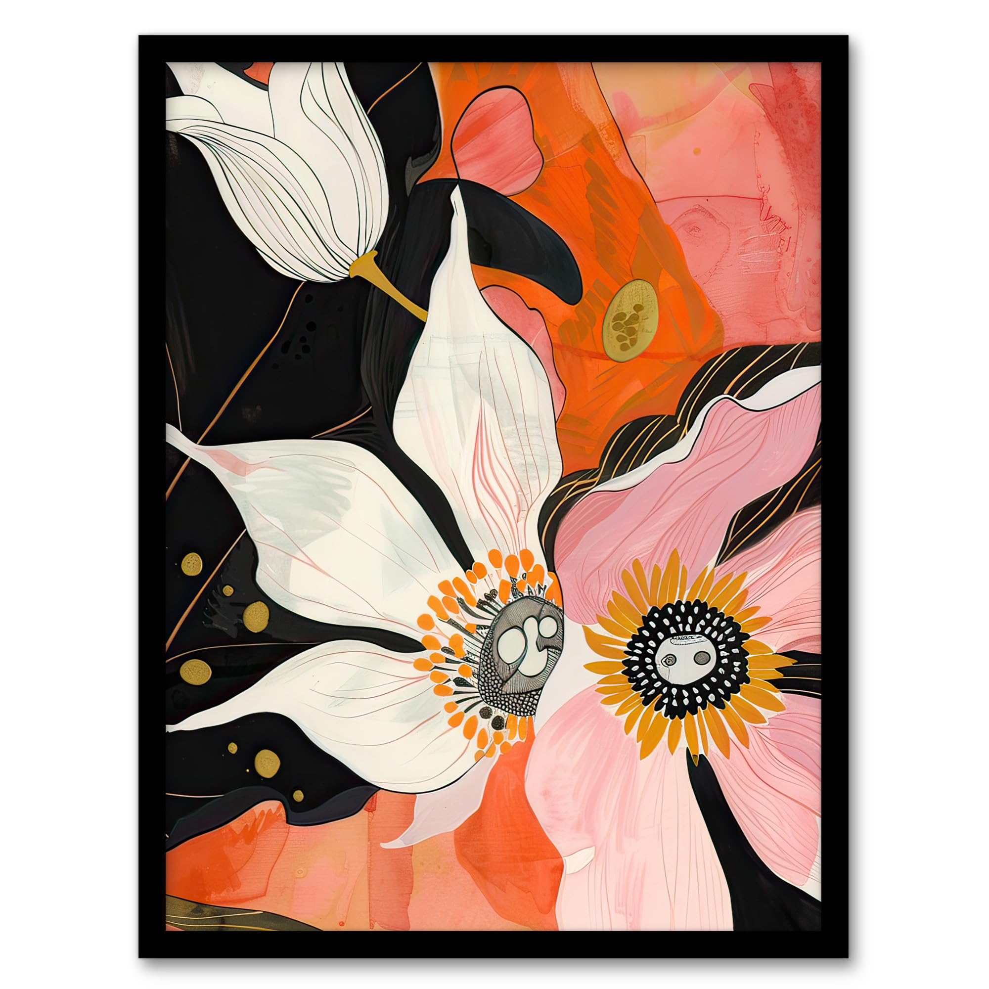 Artery8 Abstract Pink Orange Flowers Artwork Floral Boho Living Room Artwork Framed Wall Art Print A4