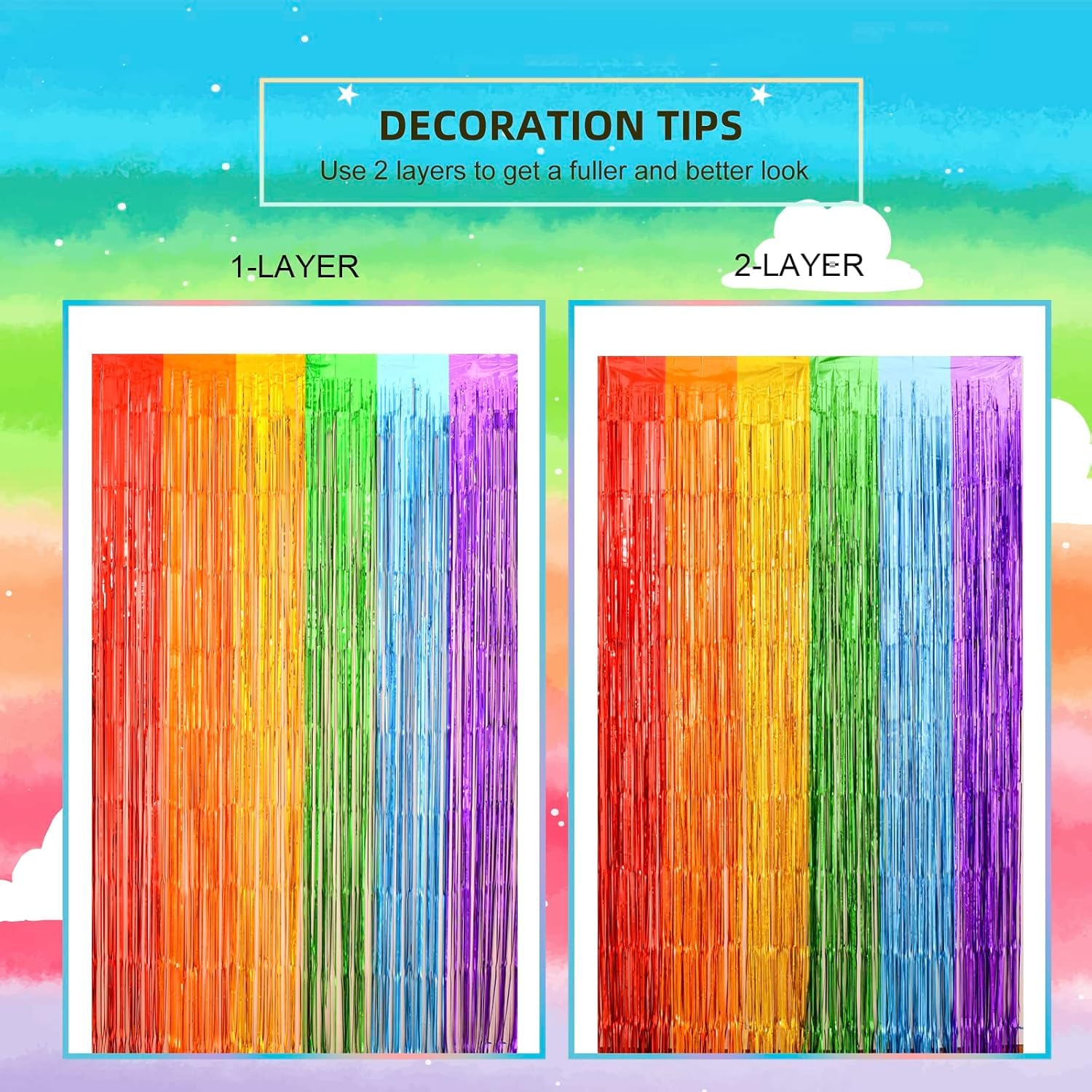 LOLStar Rainbow Foil Fringe Curtains, 2 Pack Pride Rainbow Party Decorations 1 x 2 m Tinsel Metallic Streamers Photo Booth Props Backdrop For Birthday Wedding Engagement Kindergarten Graduation Decor — view 5