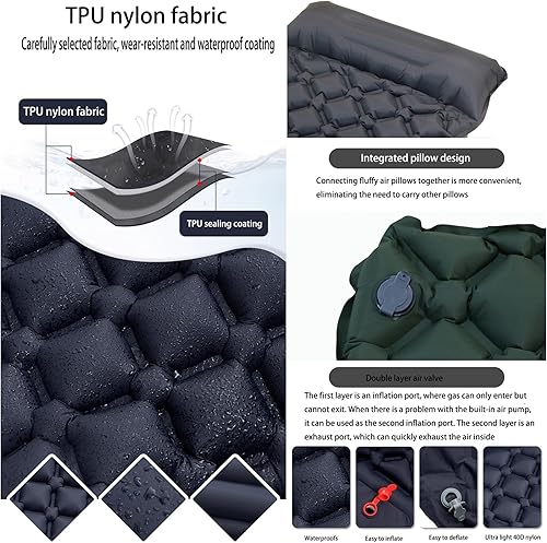 Miniatura 4 de Colchoneta de dormir para campamento colchoneta inflable ultraligera con bomba de pie y almohada integradas, colchón de aire compacto mejorado para