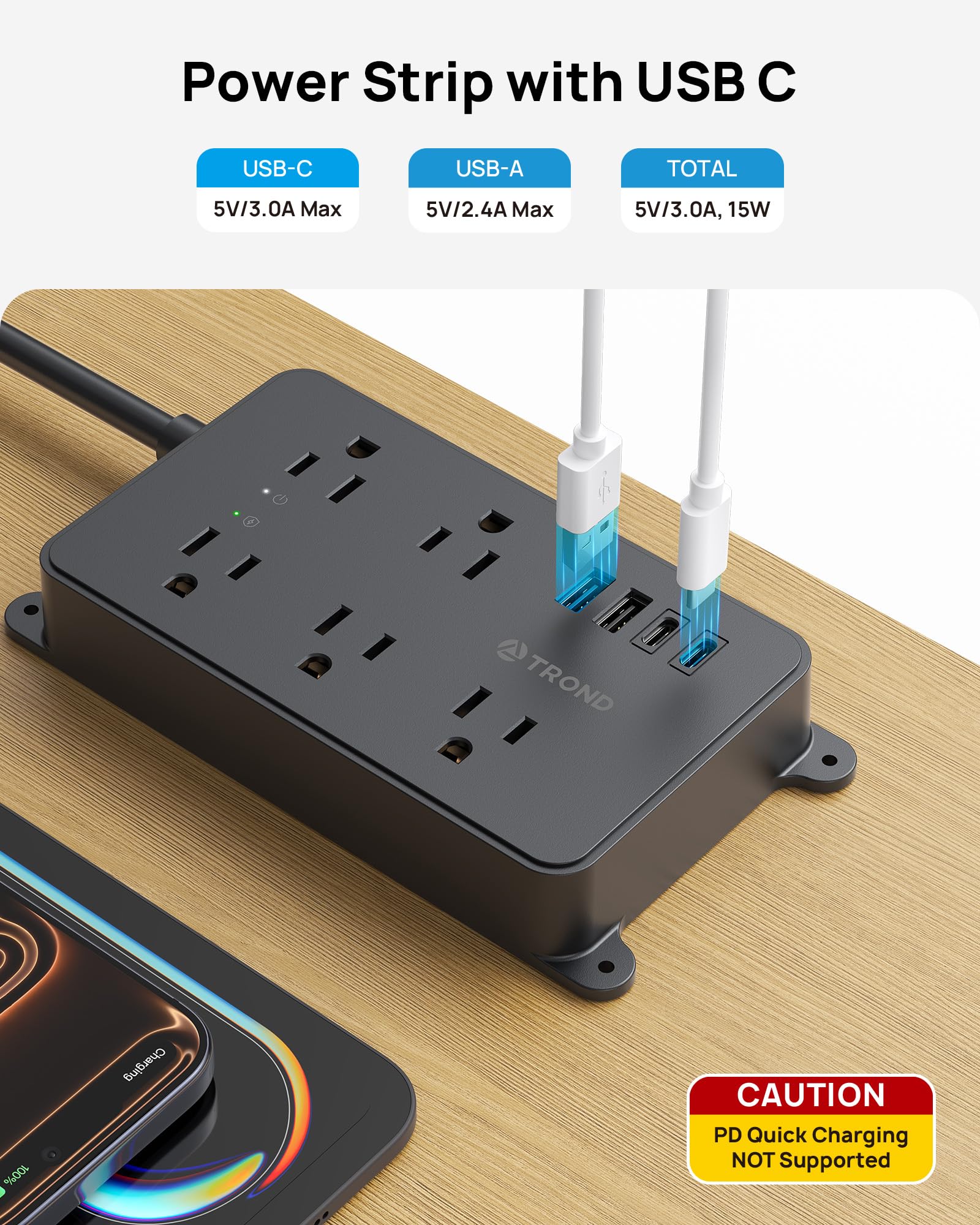 TROND Faixa de Energia com Proteção contra Surtos, USB, Listada