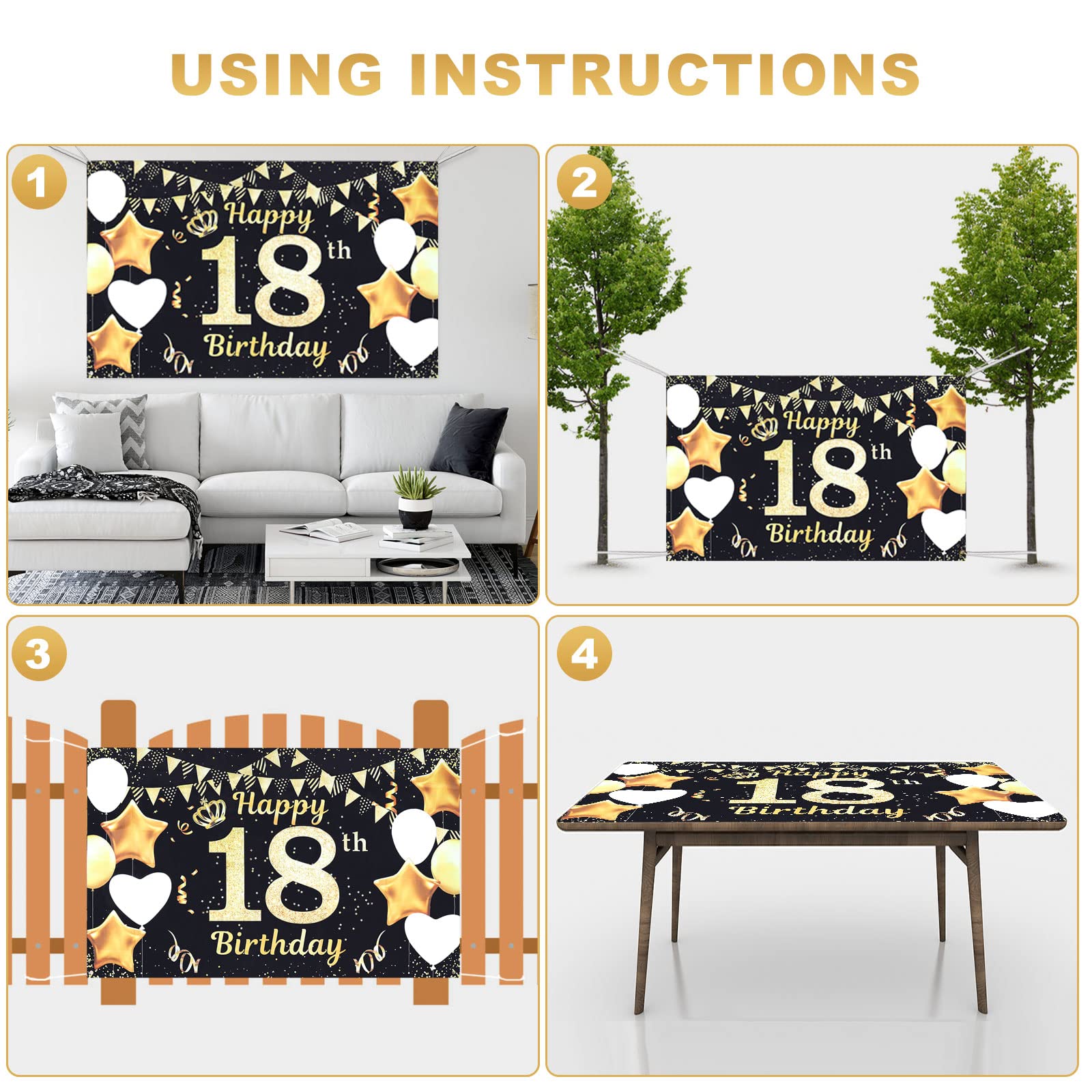 Decorazioni Compleanno 18 Anni Oro E Nero - Sfondo In Poliestere 185x110 Cm, Per Feste E Foto - Foto 7