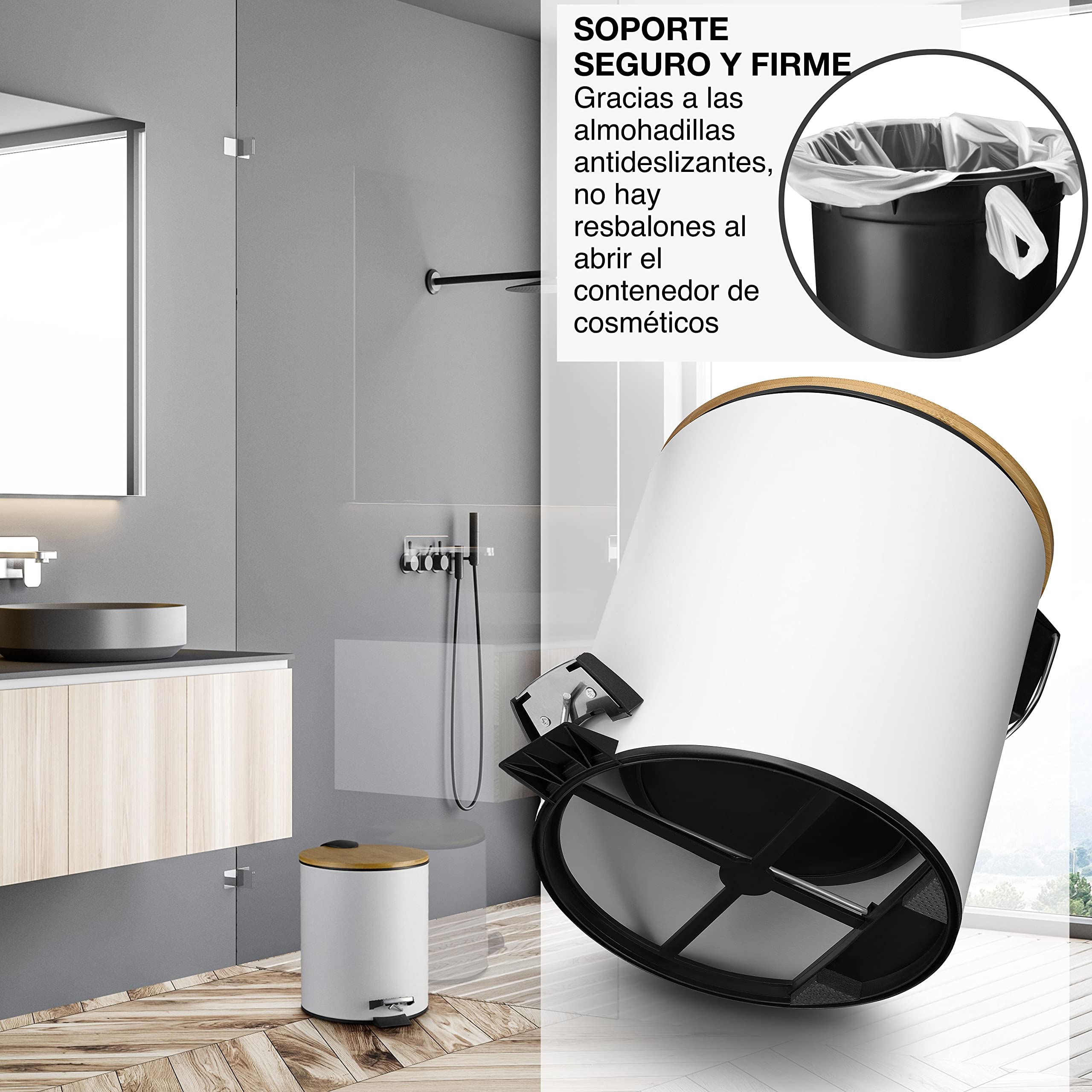 VMbathrooms Papelera baño de 5L en noble diseño blanco | Cubo de baño con cierre suave | Elegante cubo para el baño con contenedor interior y tapa de madera de bambú | + E-Book Gratis