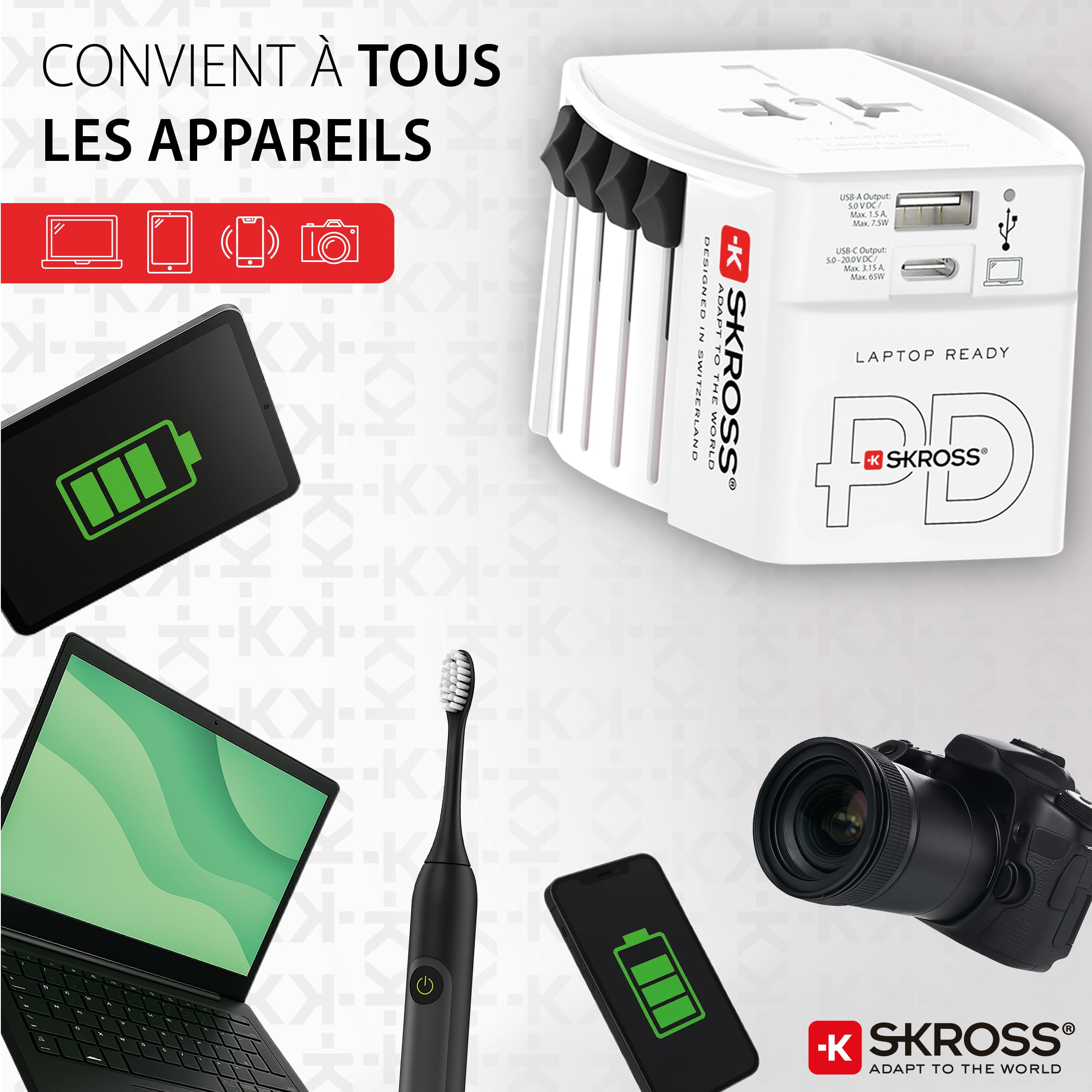 SKROSS -MUV USB AC65PD + Cavo Type C (160cm) - Adattatore Universale da Viaggio a 2 Poli + 1x Type C & 1 x Type A 65W- Tensione e Potenza: 100V-250W/250V-625W per Portatili, Tablet e Smartphone