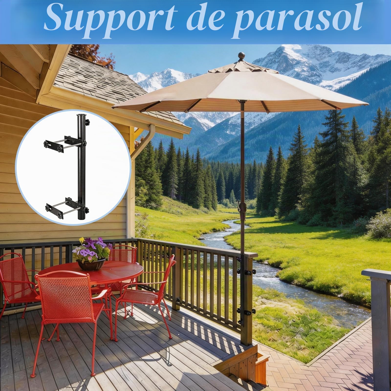 Support De Parasol, Pieds De Parasols pour Balcons Et Terrasses Pince Fixation Métallique Robuste Et Réglable pour Balustrade avec Pinces Et Vis pour Mât De Parasol De 40mm De Diamètre