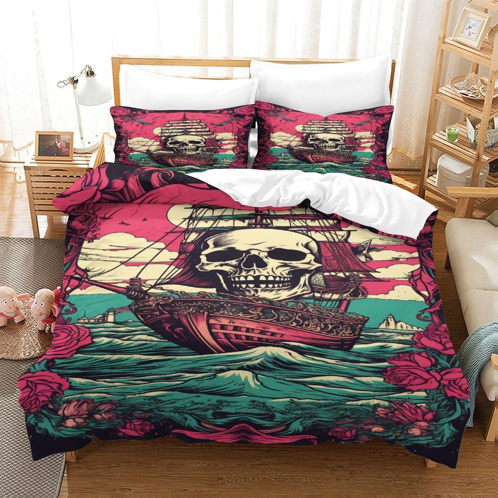 P1S9U7W5Y 3D Printed Vintage Pirate Skull Duvet Cover Set 3pcs Microfiber Skeleton Bedding Set Double