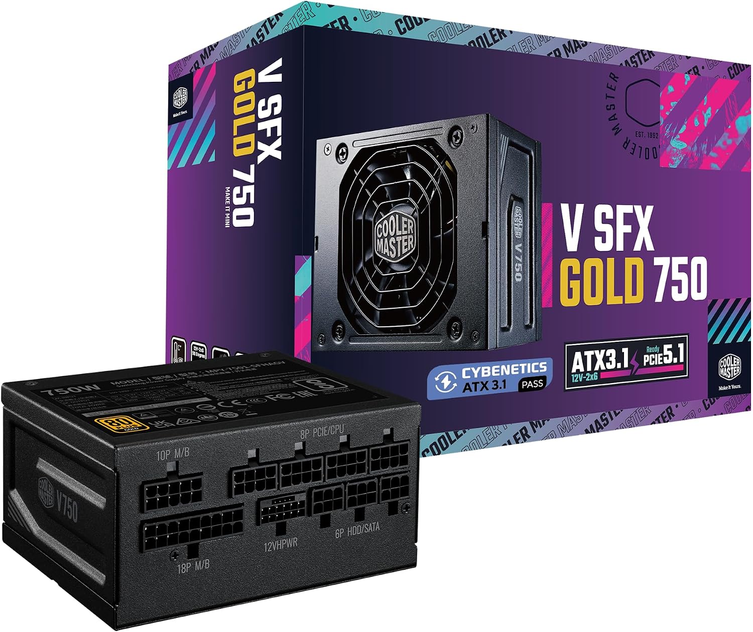 V750 SFX Gold ITX SFF Power Supply, PCIe 5.1 Ready | Certification Cybenetics Gold & Noise A, 80 PLUS Gold, 750W, Mini-ITX & SFF Systems, ATX 3.1, 12V-2x6 Cable, Fully Modular