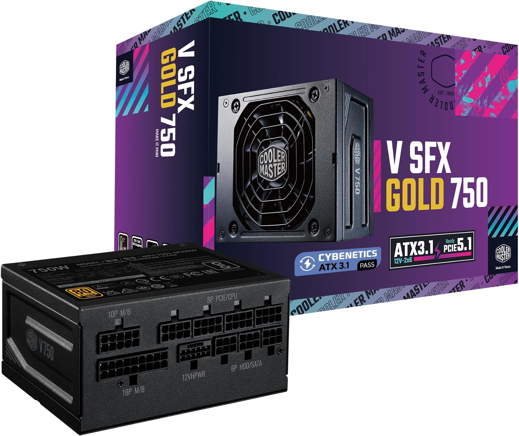 V750 SFX Gold 750W Fully Modular Power Supply – 80+ Gold Certified SFF PSU, ATX 3.1 & PCIe 5.1 Ready, 90° Angled Cable, Low Noise, Small Form Factor ITX PSU, 10-Year Warranty, Black