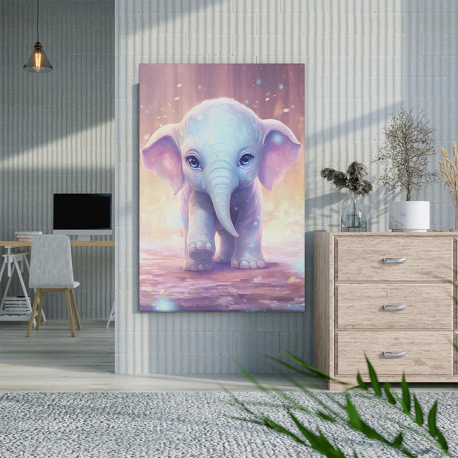 Artaza Tableau Décoration Murale Bébé Éléphant - 60x90 cm - Deco Murale Chambre Enfant - Peinture Animaux - Impression Sur Toile Pastel