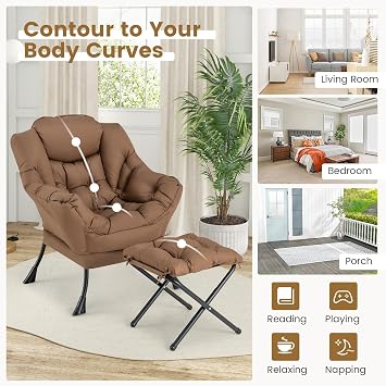 GOFLAME Lazy Chair with Ottoman, Modern Large Accent Chair with Folding Footrest, Head Pillow, Armrests and Side Storage Pocket, Upholstered Reading Chair for Living Room, Bedroom, Office (Brown)