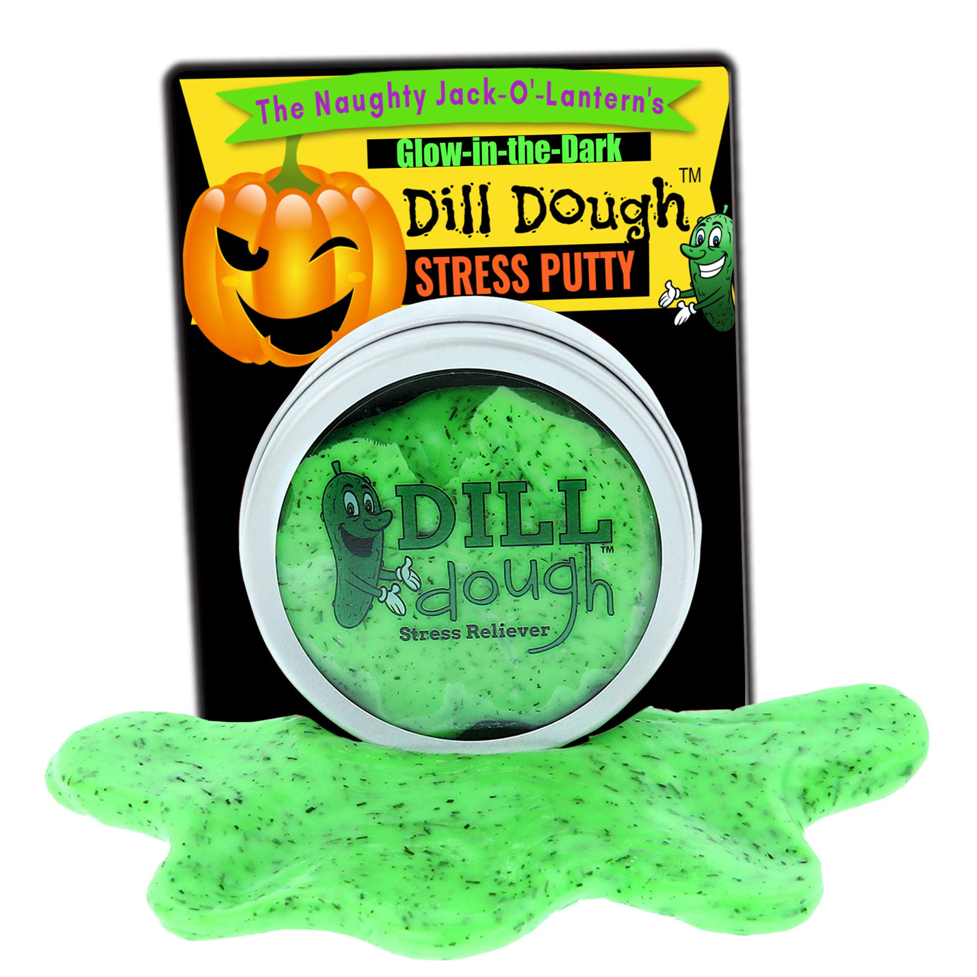 Gears Out Halloween Dill Dough Stress Putty - Naughty Jack-O-Lantern's Special Halloween Edition Design - Stress Putty for Friends - Made with Real Dill, Neon Green, Glow-in-The-Dark Therapy Putty