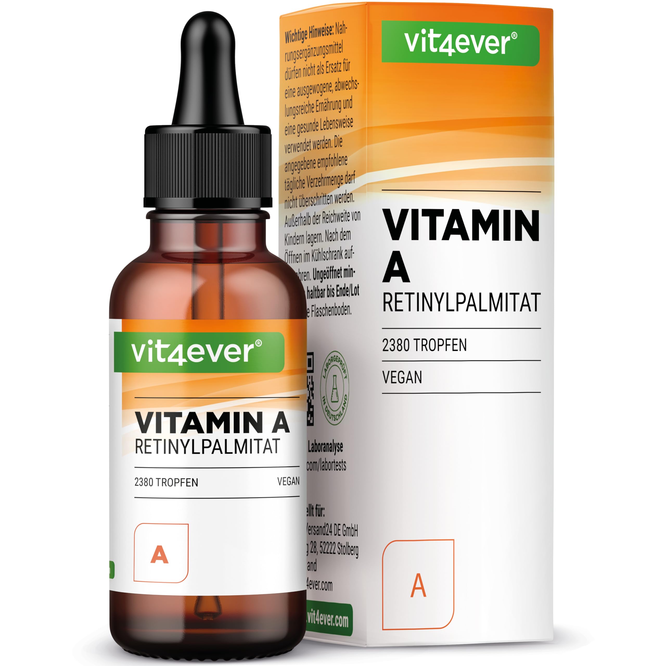 vit4ever Vitamin A Tropfen - Hochdosiert - Vegan - Ohne Alkohol - Kokosöl Gelöscht - 70ml (2380 Tropfen) - MCT-Oil Retin