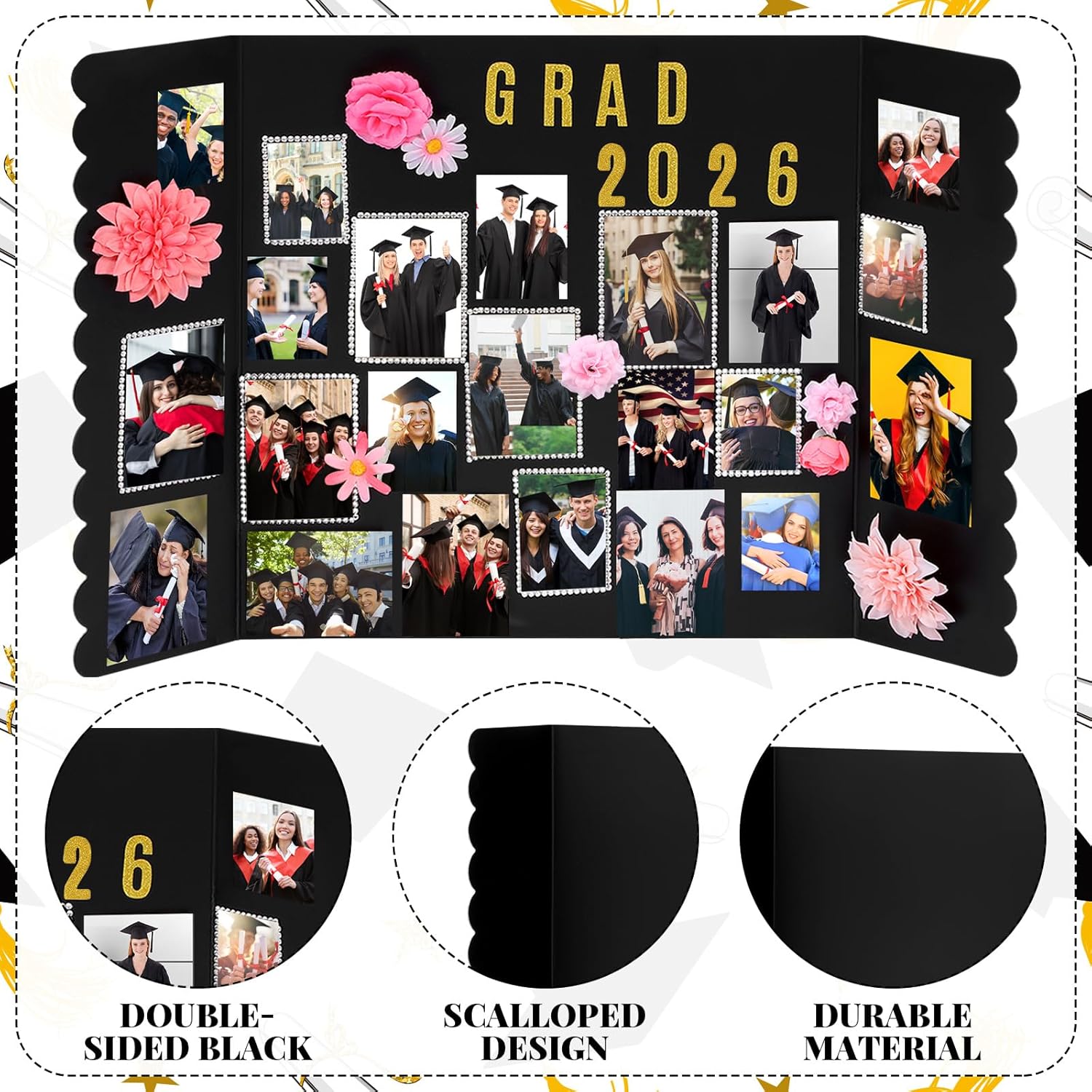 Marspark 2 Pack Large Graduation Photo Display Board 31.5 x 19.7 Inches Trifold Poster Board with Artificial Flowers for Class of 2026 Grad Party Picture Display Graduation Photo Frames Table Decor