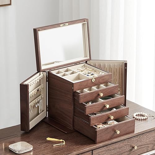 Vista 3 de Joyero de madera de nogal negro, organizador de joyas de madera con 2 puertas laterales, espejo con cerradura, estilo clásico para reloj, collar