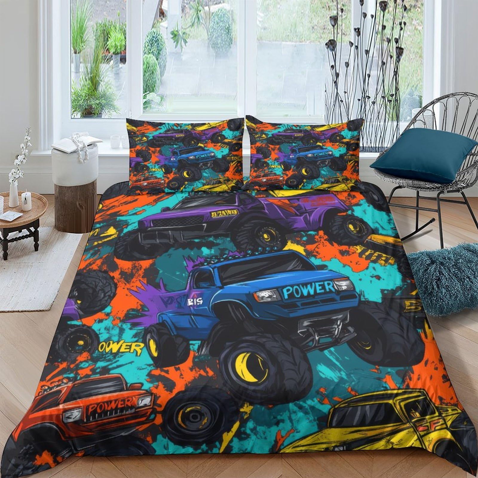 Ctjqhvkz Style-4 3D Printed Monster Truck Fitted Sheet Microfiber Colourful Graffiti Bed Cover For Bedroom Guest Room Decor Single（135X200cm）