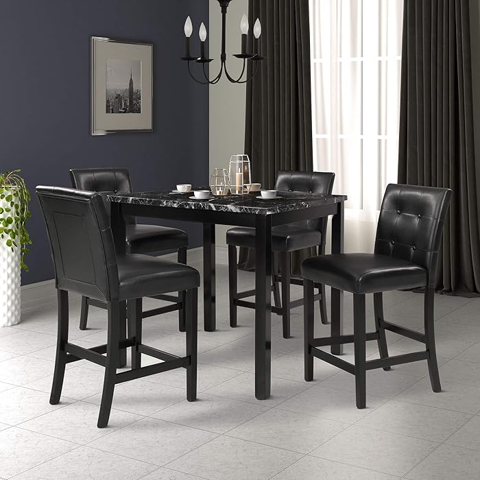 Buy 5 Piece Dining Table Set, Counter Height Veneer Marble Top Kitchen Table Set with 4 Leather ...