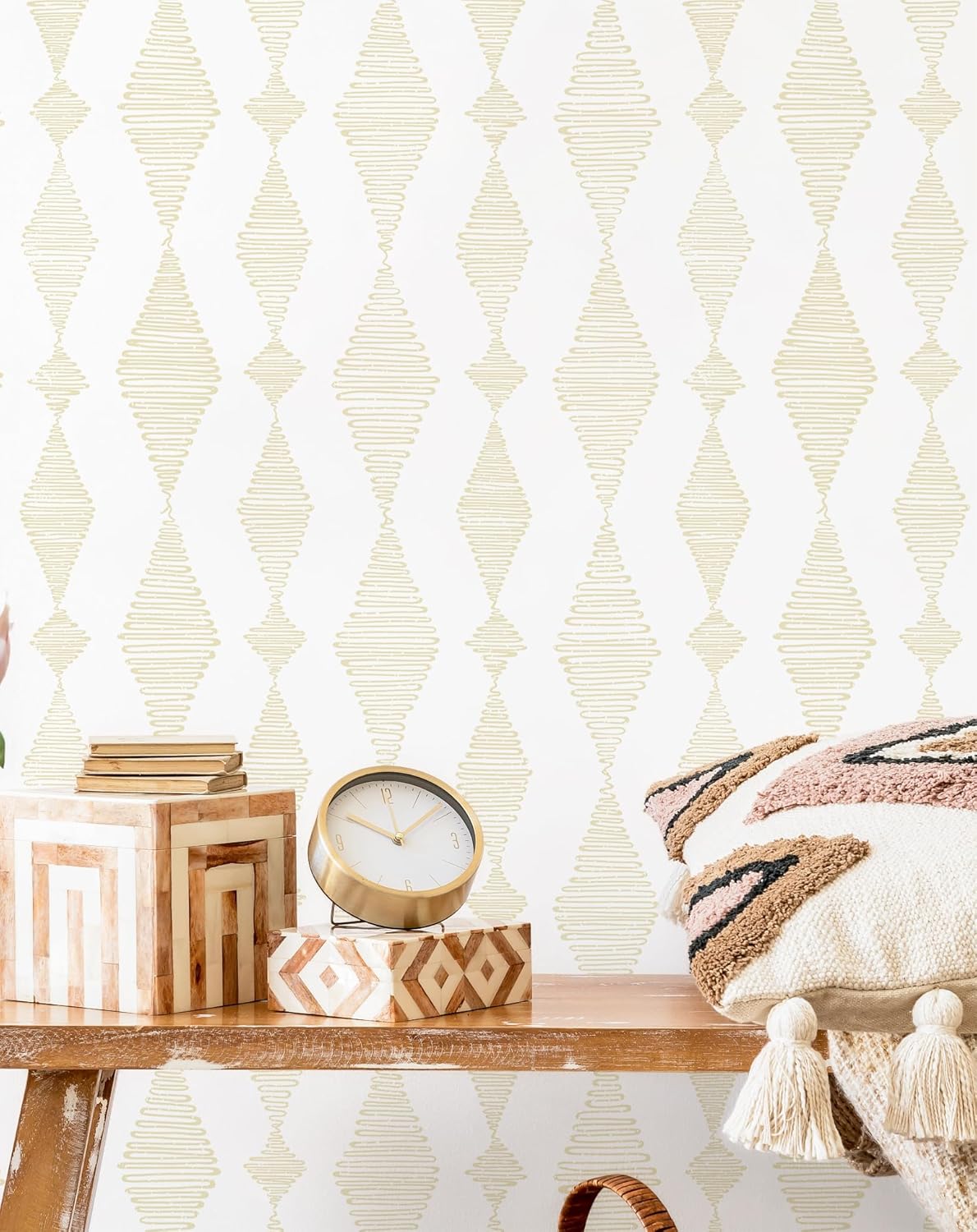 MelunMer Modern Peel and Stick Wallpaper Boho Self Adhesive Removable Wall Paper Geometric Contact Paper for Cabinets Wallpaper for Bedroom/Bathroom Waterproof Contact Papers Beige/White 393In 17.3In