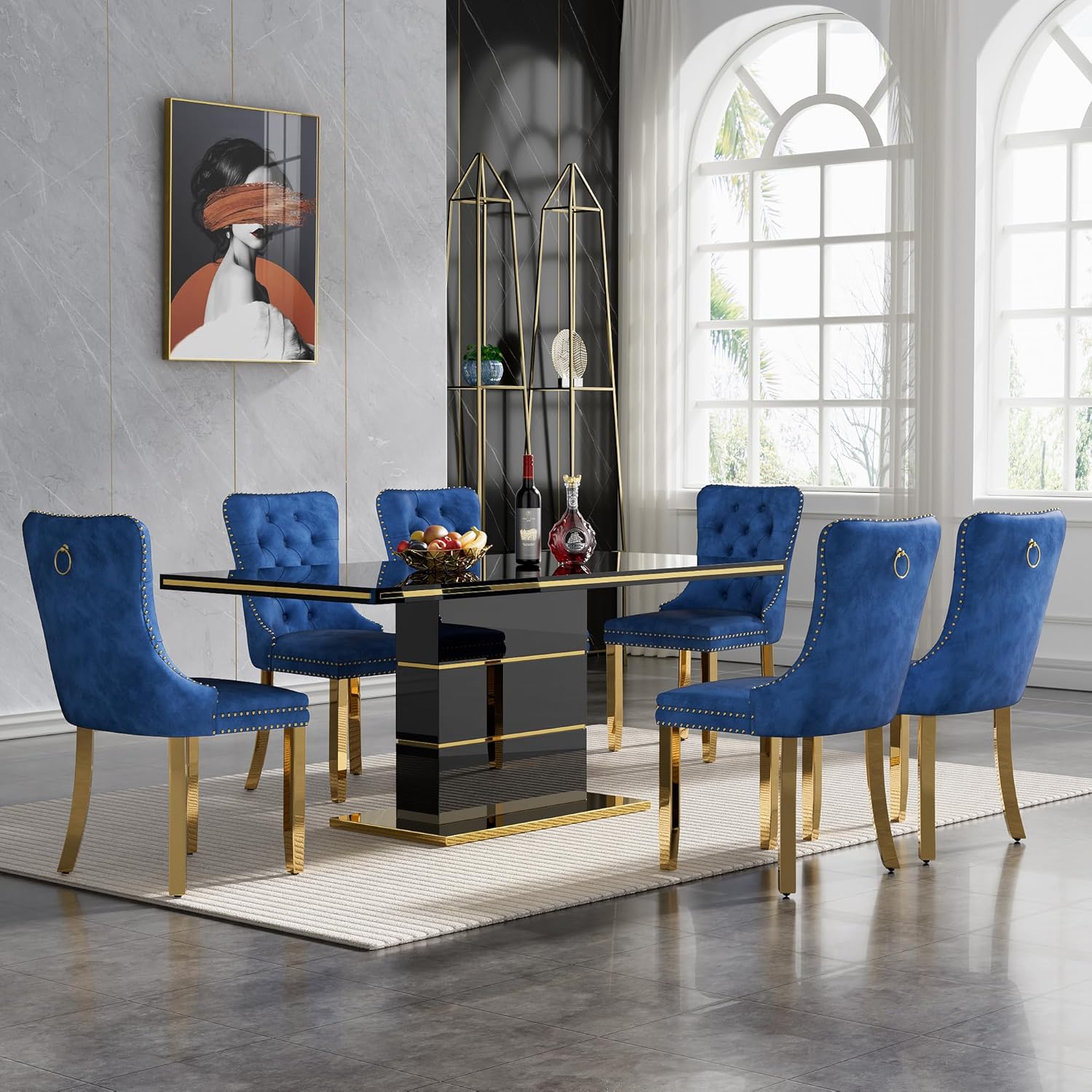 Amazon.com - Black Dining Table Set for 6, Modern Kitchen Table and Chairs Set with 63" High ...