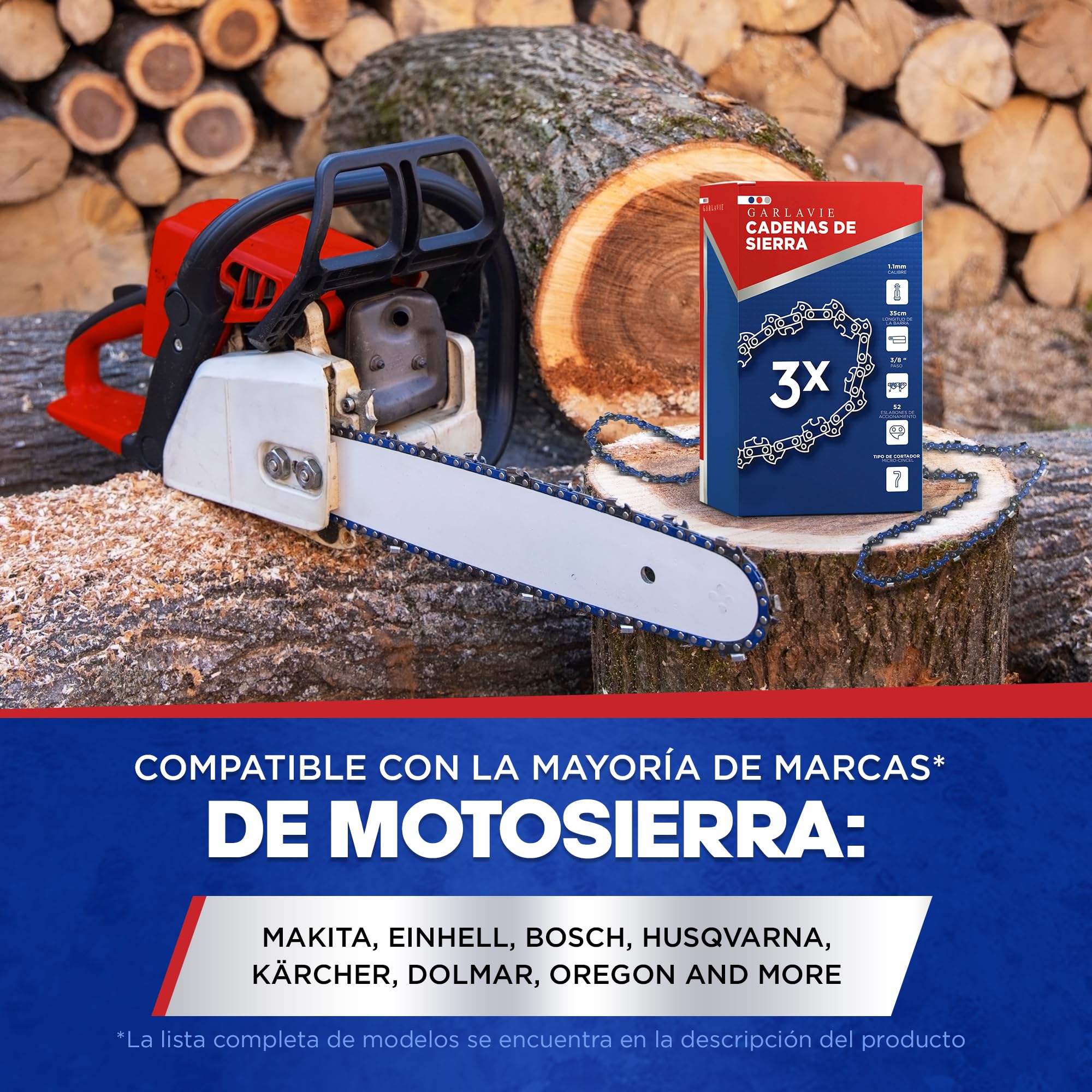 Juego de 3 cadenas de motosierra 35cm - 3/8" LP Paso - 1.3mm - 52 Eslabones motrices - Cadena de sierra con brazo antirretorno compatible con muchas marcas de motosierra