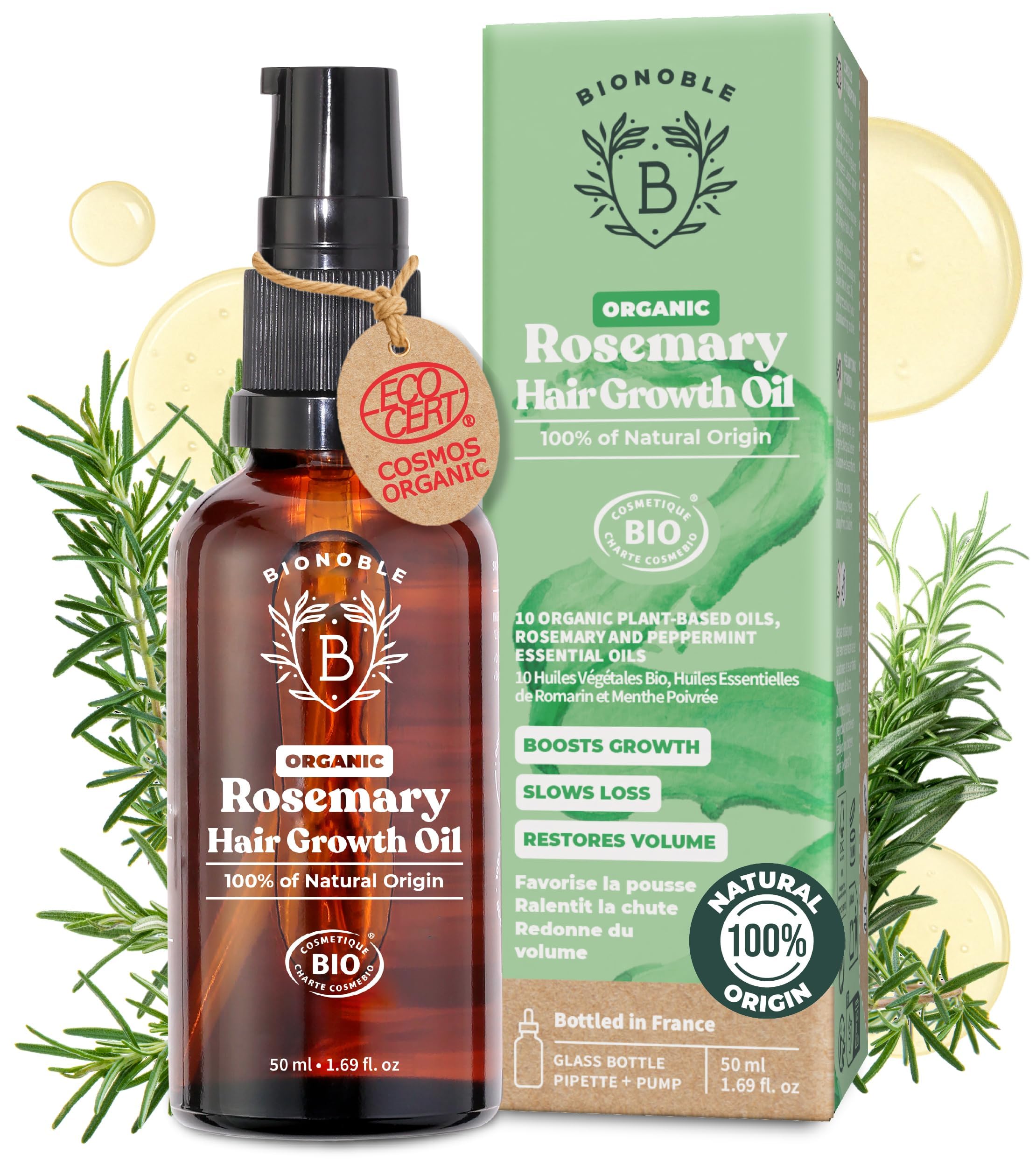 BIONOBLEOrganic Rosemary Oil for Hair Growth - Slows Loss, Restores Volume - Rosemary Hair Oil with Argan, Jojoba & Castor Oil - 100% Natural & Vegan - Glass Bottle, Dropper + Pump - 50ml