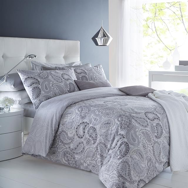 Sleepdown Paisley Grey Duvet Cover and Pillowcase Set Bedding Digital Print Quilt Case Bedding Bedroom Daybed (King)