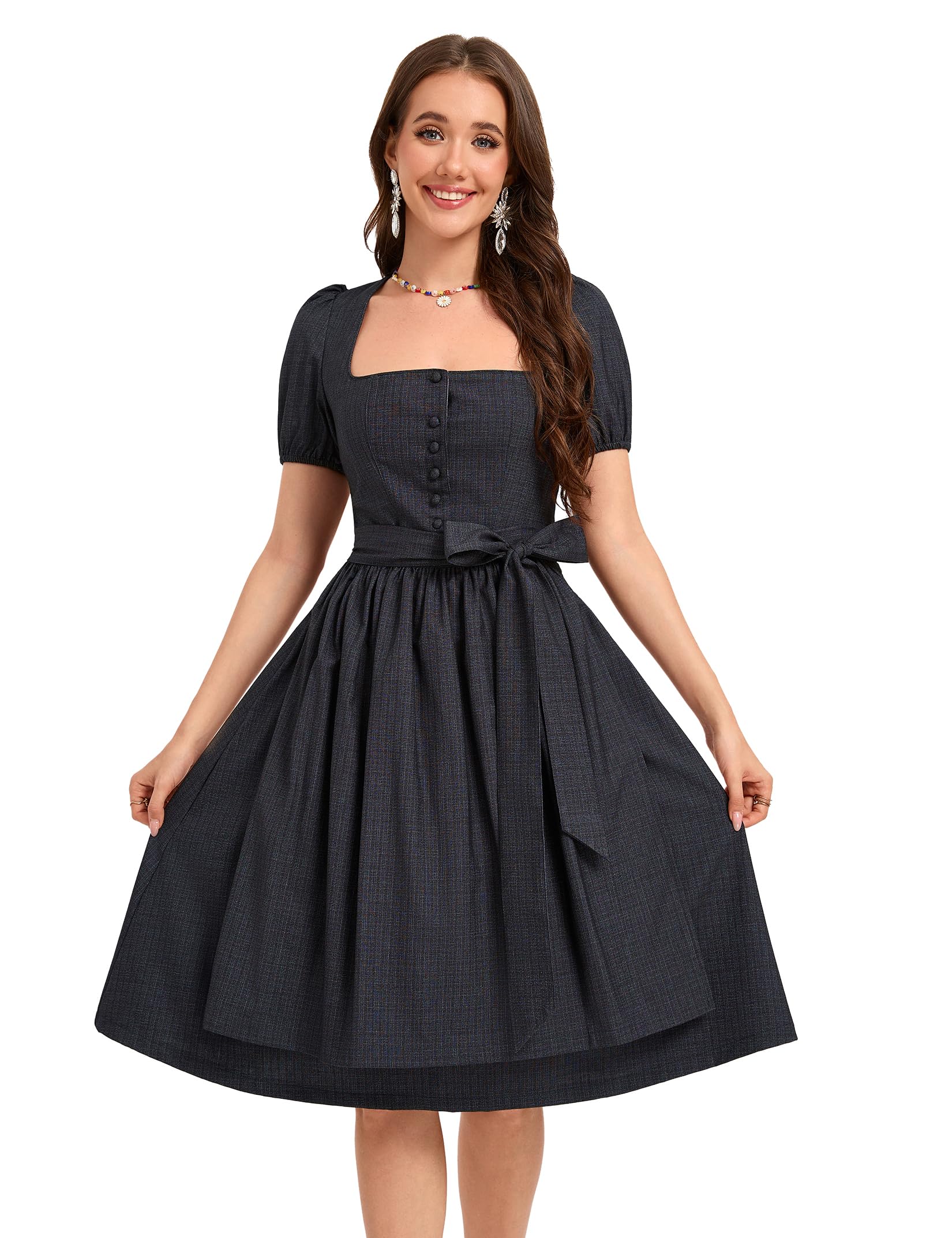 YesFashion Dirndl Damen Midi Trachtenkleid 3tlg. inkl.Dirndlbluse mit Puffärmeln, Rock und Dirndlschürze für Oktoberfest