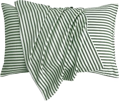 JELLYMONI 100% Natural Cotton Striped Standard Pillowcases Set, 2 Pack White and Green Stripes Pattern Printed Pillow Covers with Envelope ClosurePillows are not Included