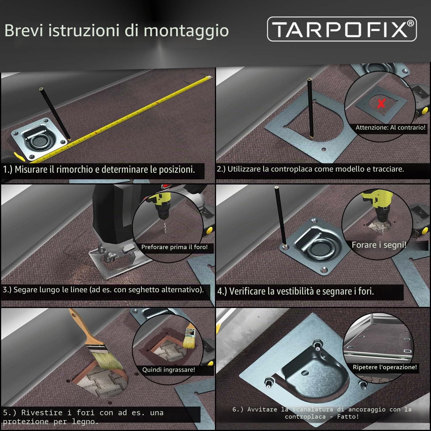 Tarpofix® Occhielli per rimorchio con contropiastre, viti incluse (6 pz) – Robusti bulloni di ancoraggio con una forza di trazione testata di 800 daN per gancio di ancoraggio, occhielli durevoli
