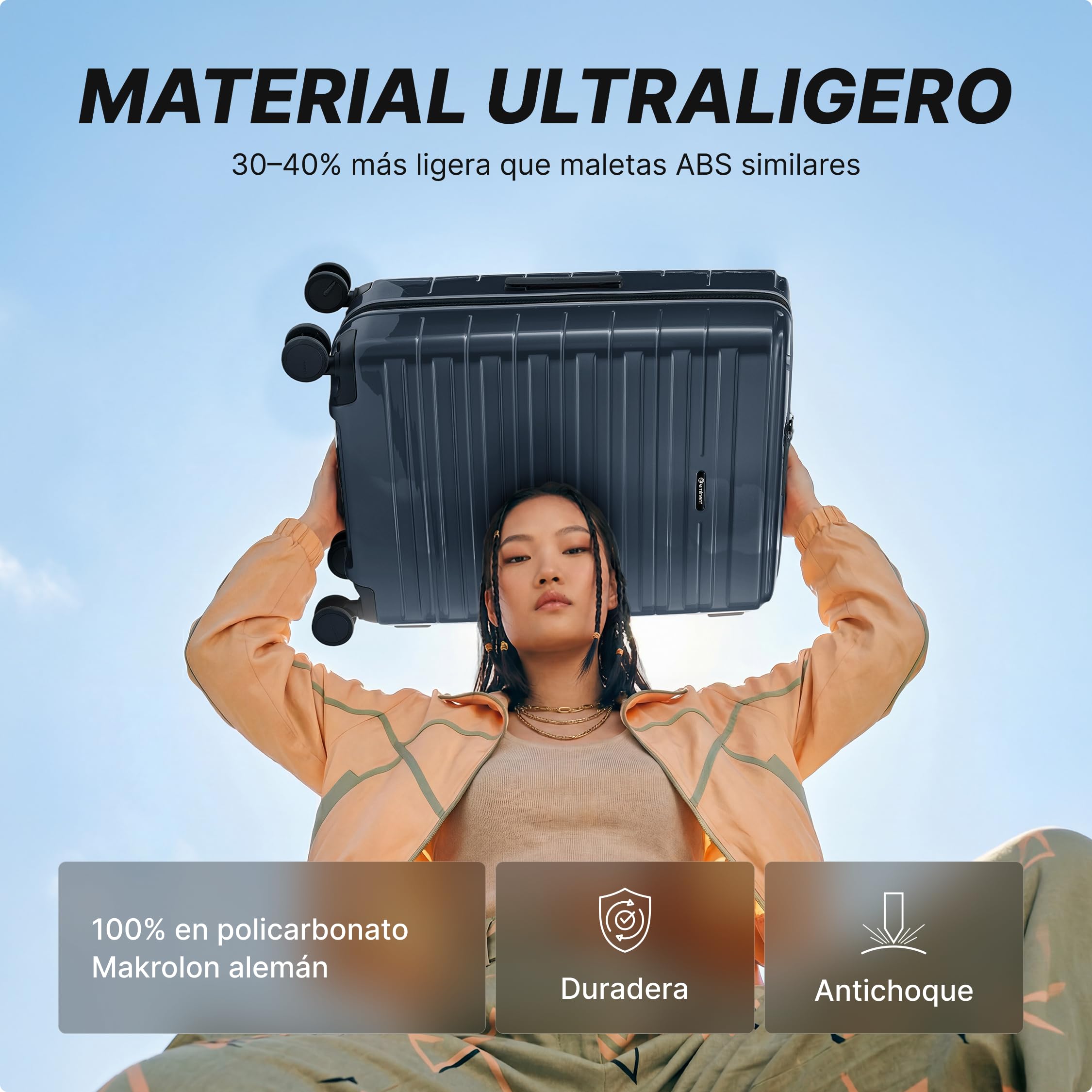 Eminent Voyager Maleta Cabina 55x40x20 Rígida Expandible, Trolley | Ultraligera 2,7 kg, 39L, expandible a 55x40x23, candado TSA, 4 ruedas, equipaje de mano, policarbonato, Gris Oscuro