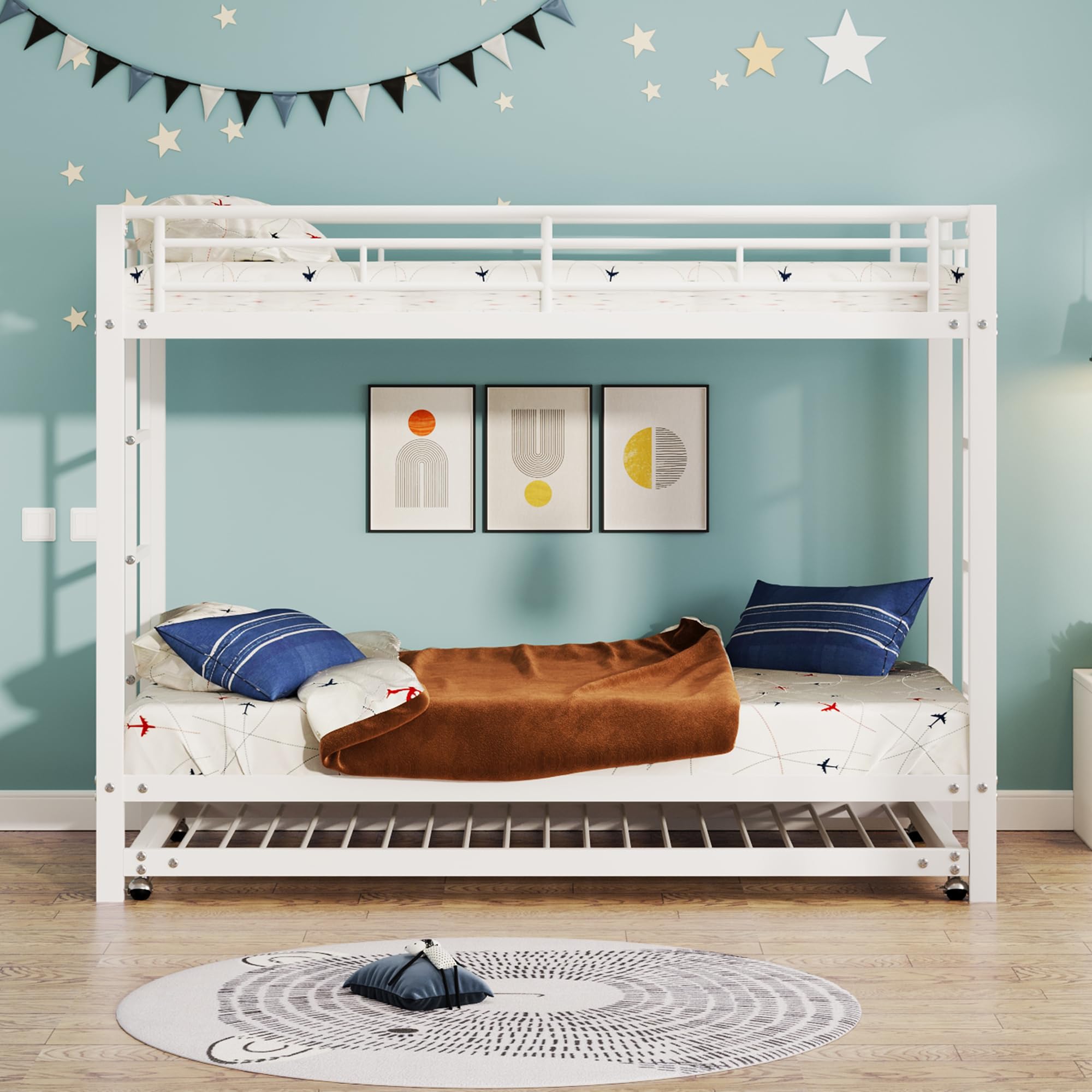 Letto a castello da 90 x 200 cm con struttura in ferro e letto estraibile da 90 x 190 cm - Letto per bambini con alta barriera di protezione, certificato EN747, costruzione robusta - Triplo