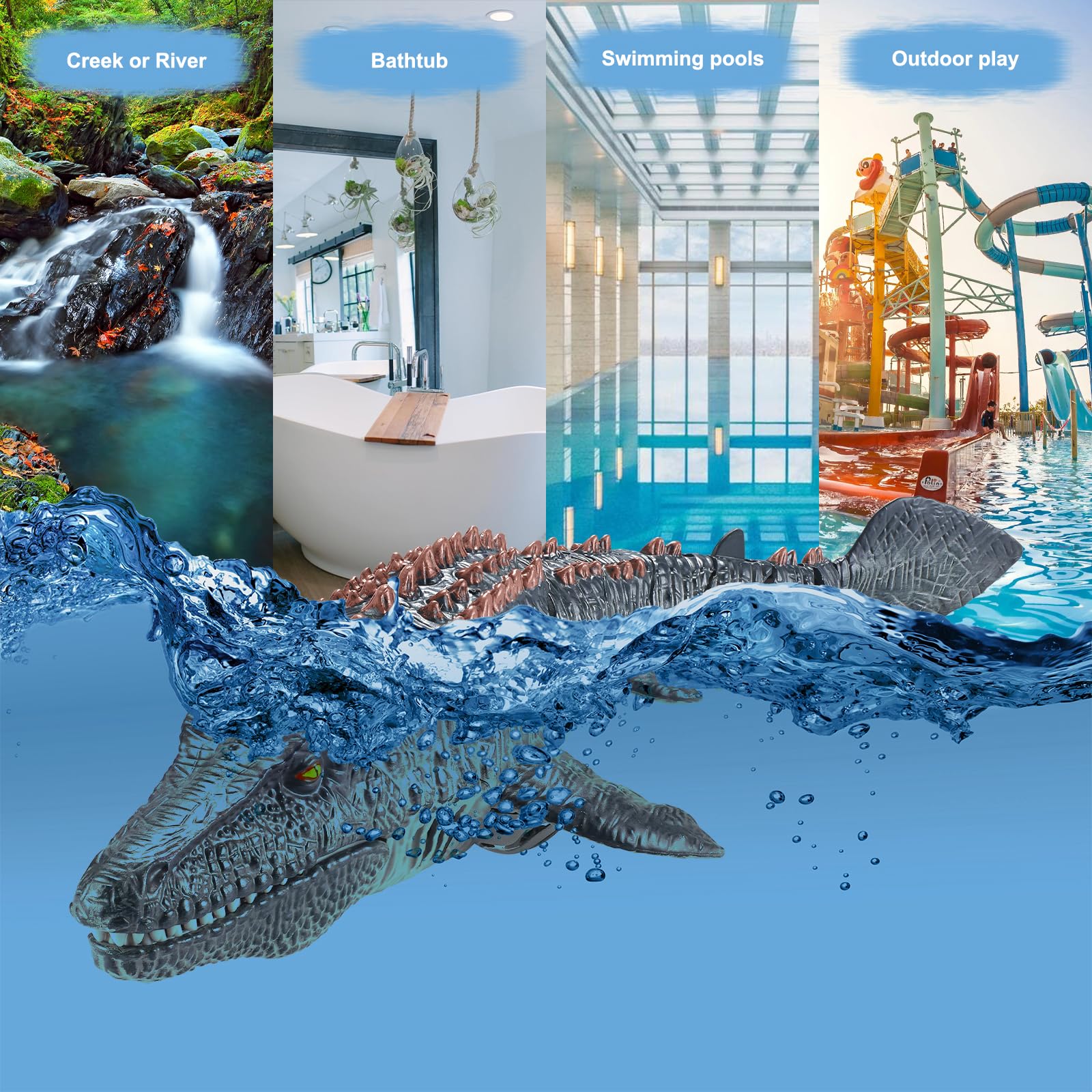 Juguetes Mosasaurus con Control Remoto para niños, Barcos Teledirigido, Barco de Dinosaurio Eléctrico RC con Agua pulverizada y luz para Piscina, Lago, baño, Juguetes de baño (Gris)