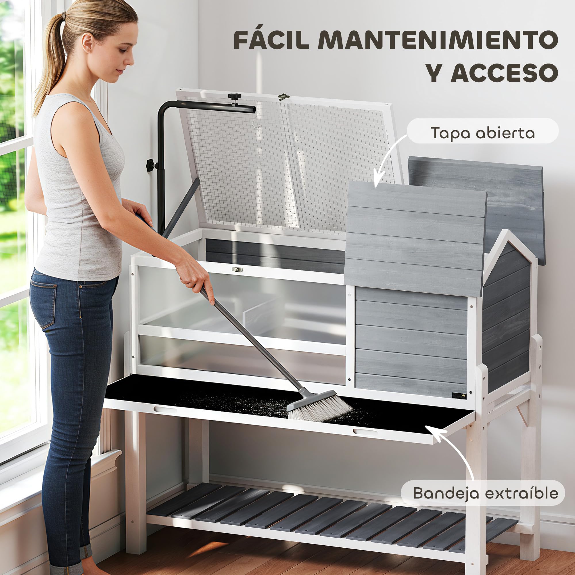 PawHut Casa para Tortugas de Madera, Terrario para Reptiles con Soporte para Lámpara Ajustable, Techos Abatibles, Bandeja Extraíble, Estante de Almacenaje y Paneles Transparentes, Caseta para Tortugas