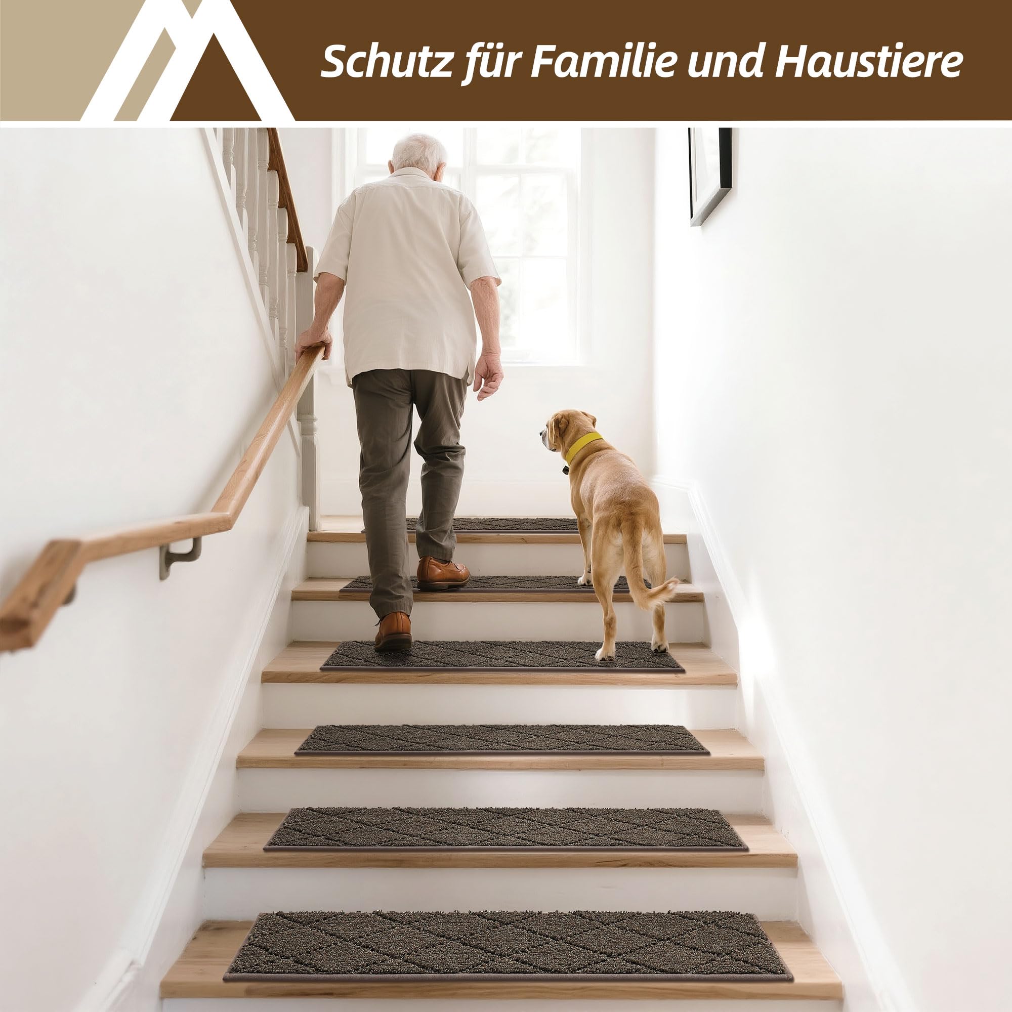 COSY HOMEER 15 Stück Treppenstufen Matten, 70 x 22 cm, Braun | Stufenmatten Selbstklebend, Rutschfest ohne Kleben, 100% Polyester, TPE-Rücken, waschbar, für Kinder, Senioren und Haustiere