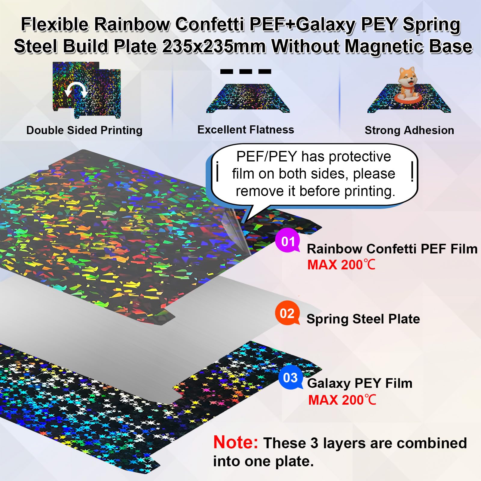 IdeaFormer Smooth Rainbow Confetti+Galaxy PEF Plaque d'impression 235 x 235 mm, en acier à ressort PEF, pas de lit d'impression magnétique, pour Creality K1C/K1/K1 SE/Ender 3 V3 SE/KE/Ender 3